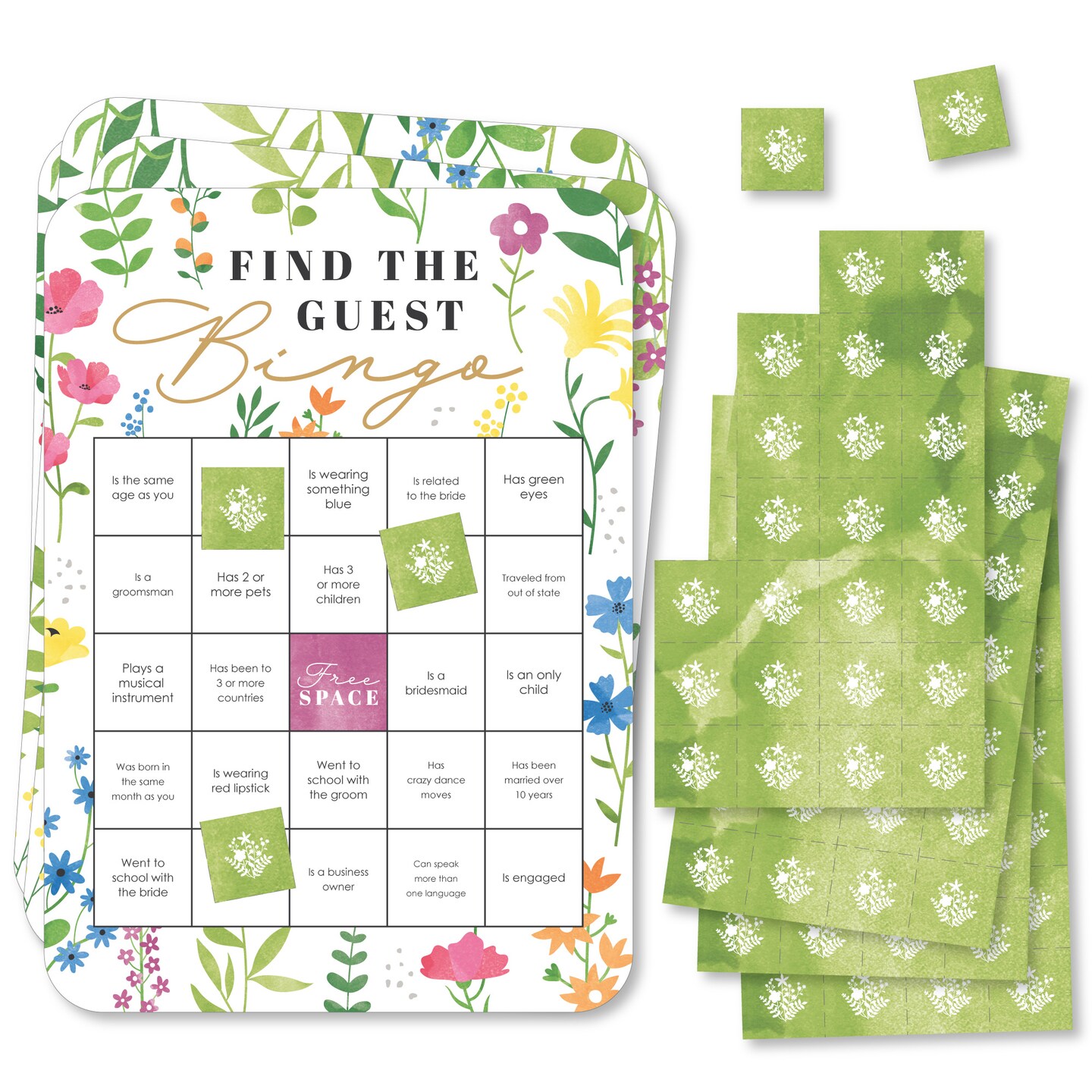 Big Dot of Happiness Wildflowers Bride - Find the Guest Bingo Cards and Markers - Boho Floral Bridal Shower and Wedding Party Bingo Game - Set of 18