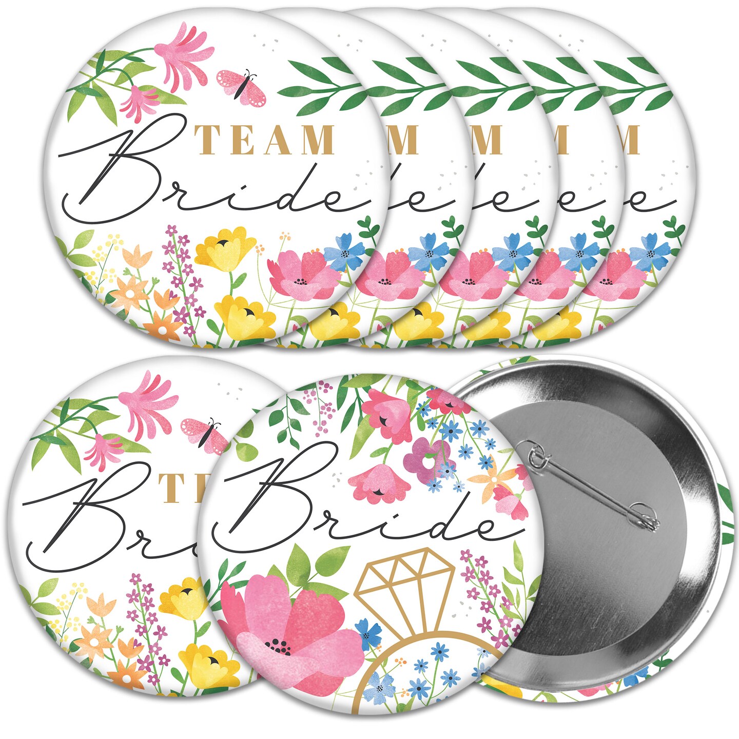 Big Dot of Happiness Wildflowers Bride - 3 inch Boho Floral Bridal Shower and Wedding Party Badge - Pinback Buttons - Set of 8