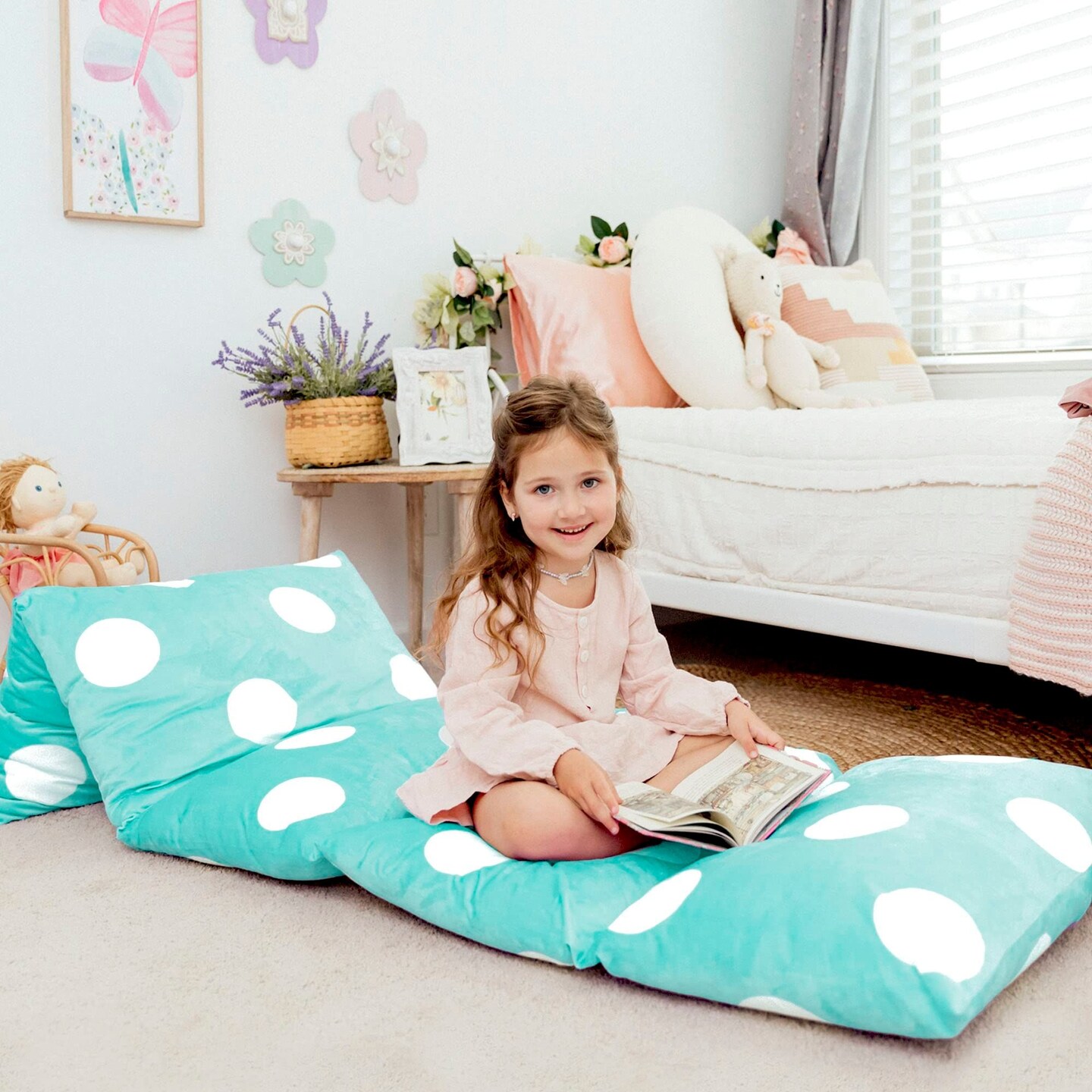 Butterfly Craze Pillow Bed Floor Lounger Cover - Perfect for Pillow Recliners &#x26; Kid Beds for Reading Playing Games or at a Sleepover or Slumber Party - Aqua Polka Dot, King