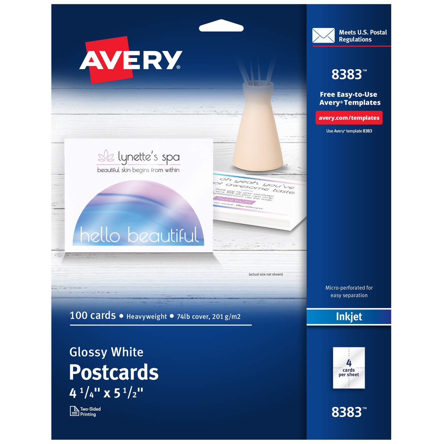 Avery Printable Postcards, 4.25&#x22; x 5.5&#x22;, Glossy White, 100 Blank Postcards for Inkjet and Laser Printers (8383)