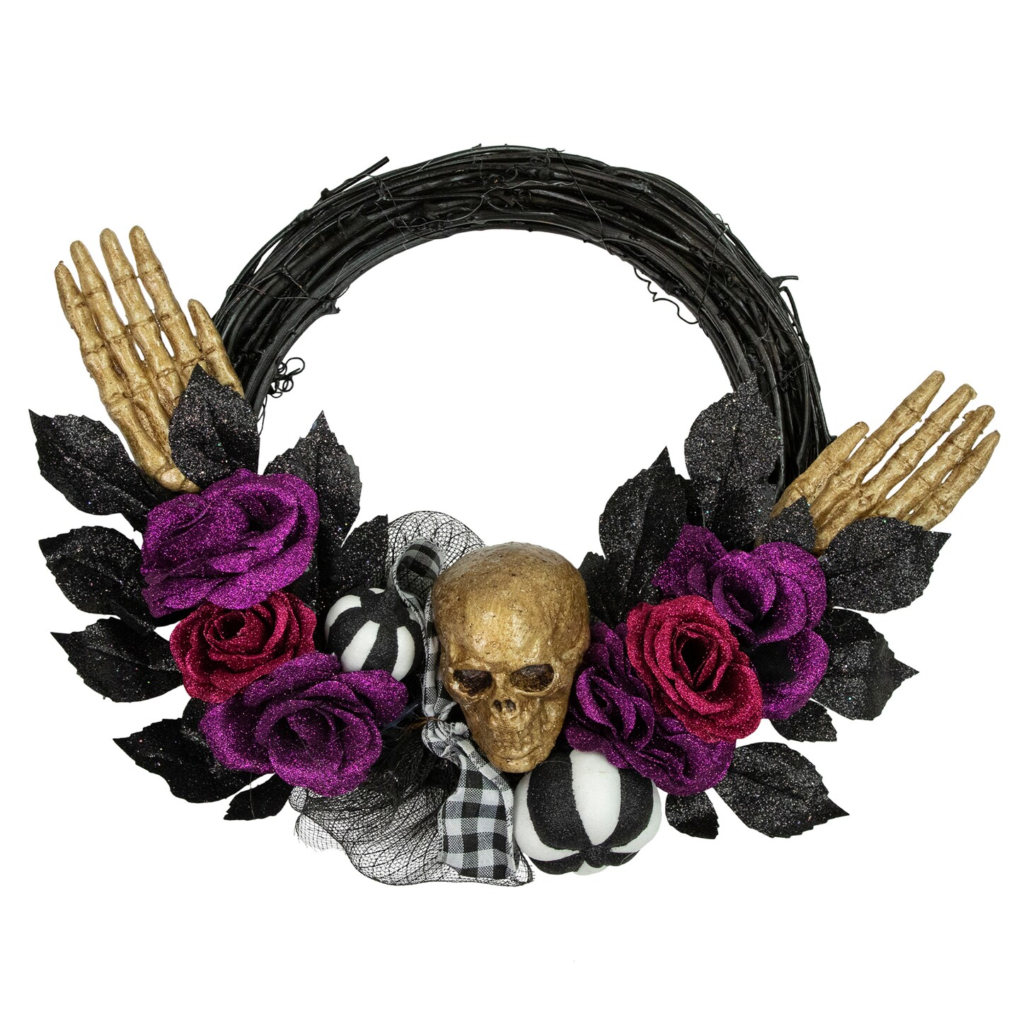Northlight Skull with Hands and Purple Roses Halloween Twig Wreath, 22-Inch, Unlit