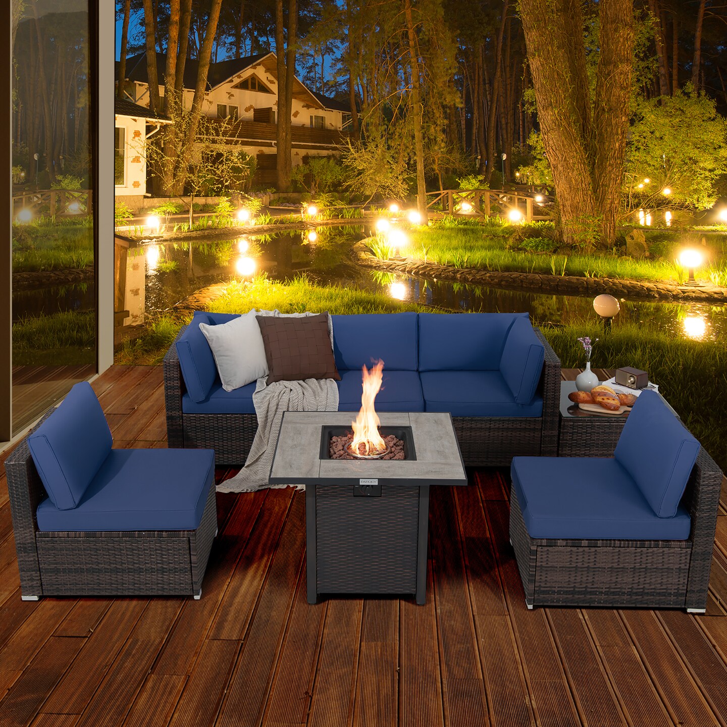 Costway 7PCS Patio Rattan Furniture Set 30&#x27;&#x27; Fire Pit Table Cover Cushion Sofa Off White\Black\Navy\Red\Turquoise