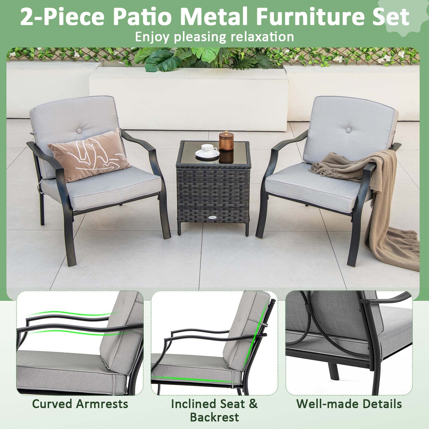 Costway 2 PCS Patio Metal Chairs Outdoor Dining Seat Heavy Duty with Cushions Garden Gray