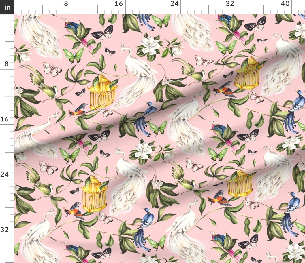 Chinoiserie Maximalist Peacock Botanical Birdcage Nature Birds Whimsical Custom Printed Fabric by Spoonflower Various Fabrics by the Yard or Fat Quarter