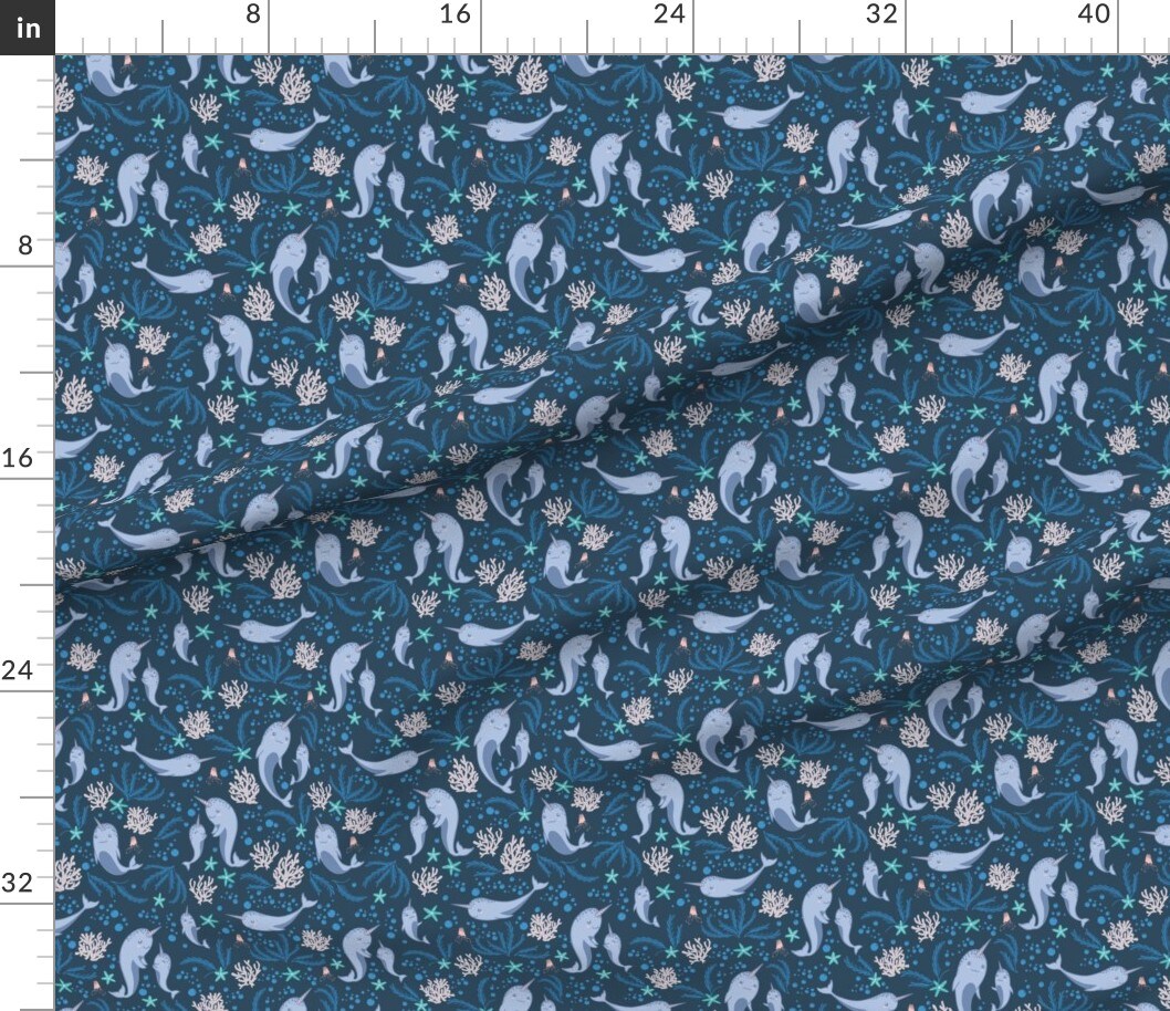 Ocean Animal Under The Sea Nautical Narwhal Waves Whimsical Custom Printed Fabric by Spoonflower Various Fabrics by the Yard or Fat Quarter