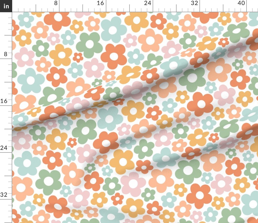 Retro Whimsical Floral Sage Green Mustard Yellow Pale Pink Boho Custom Printed Fabric by Spoonflower Various Fabrics by the Yard or Fat Quarter