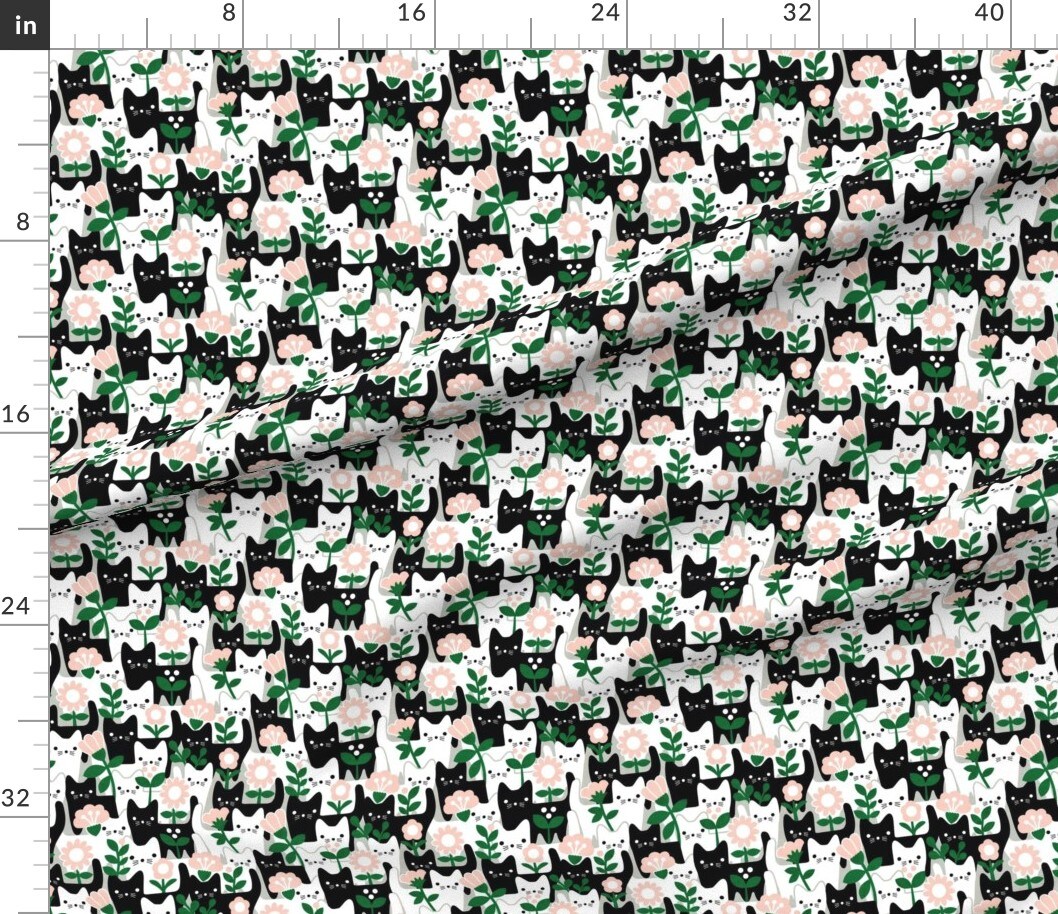 Whimsical Cats Black And White Flowers Garden Kitten Cute Folk Art Dollhouse Small Scale Leaves Cat Faces Playful Kittens Abstract Custom Printed Fabric by Spoonflower Various Fabrics by the Yard or Fat Quarter