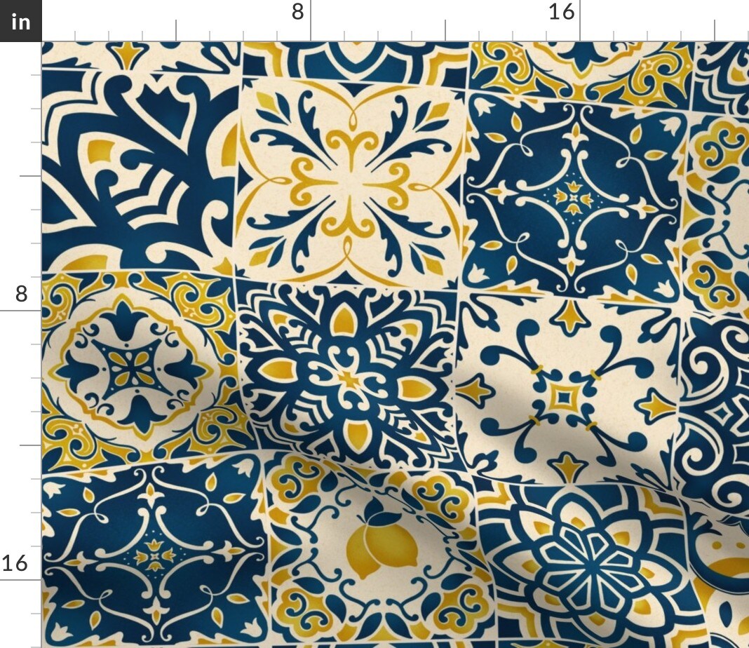 Yellow Tiles Lemons Cheater Quilt Italian Mediterranean Azulejos Sicilian Karge Scale Tuscan Custom Printed Fabric by Spoonflower Various Fabrics by the Yard or Fat Quarter