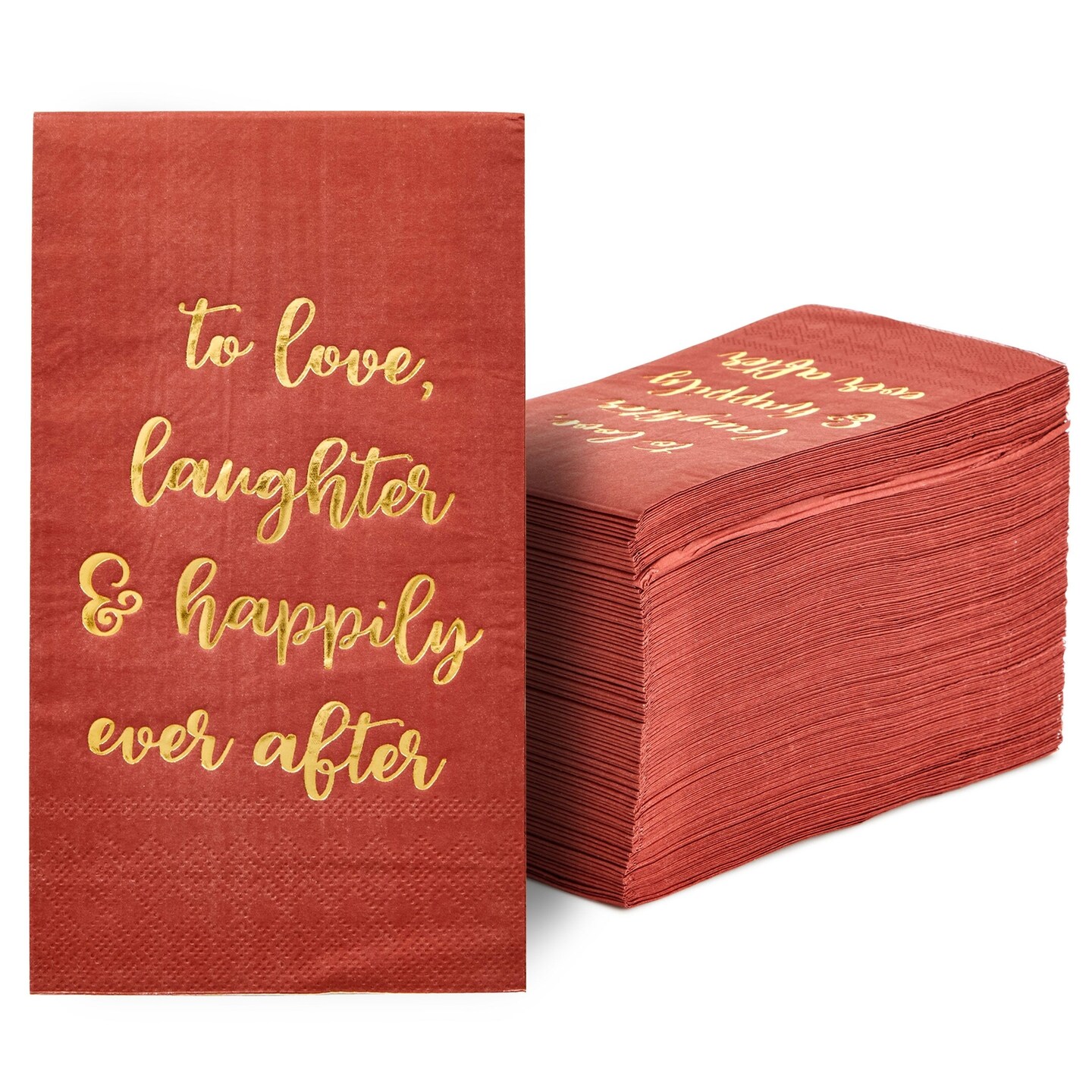 100-Pack Burgundy Napkins for Wedding Reception with &#x22;To Love, Laughter &#x26; Happily Ever After&#x22; in Gold Script (3-Ply 4x8 in)