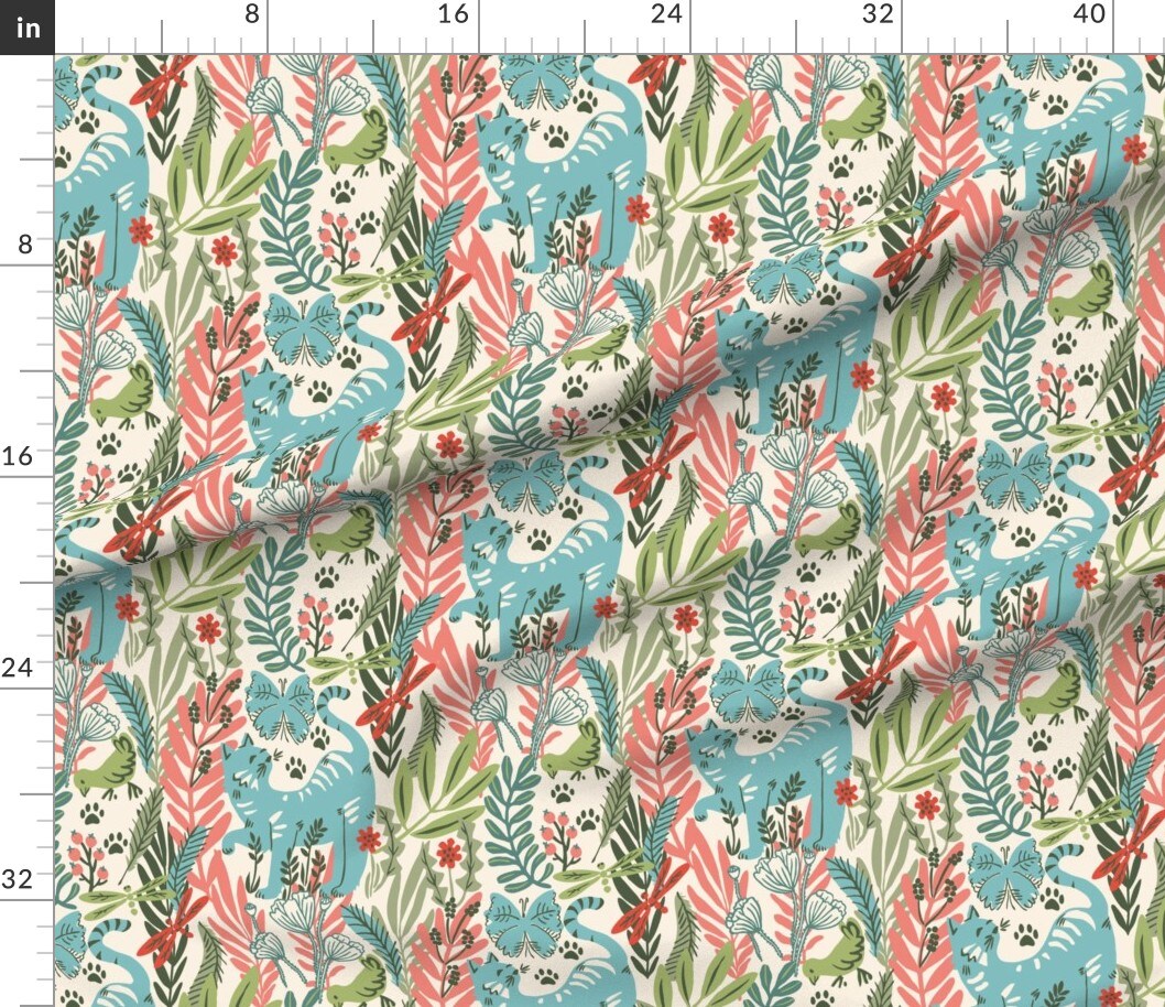 Happy Cats Botanical Bright Pastel Colorful Cheerful Custom Printed Fabric by Spoonflower Various Fabrics by the Yard or Fat Quarter