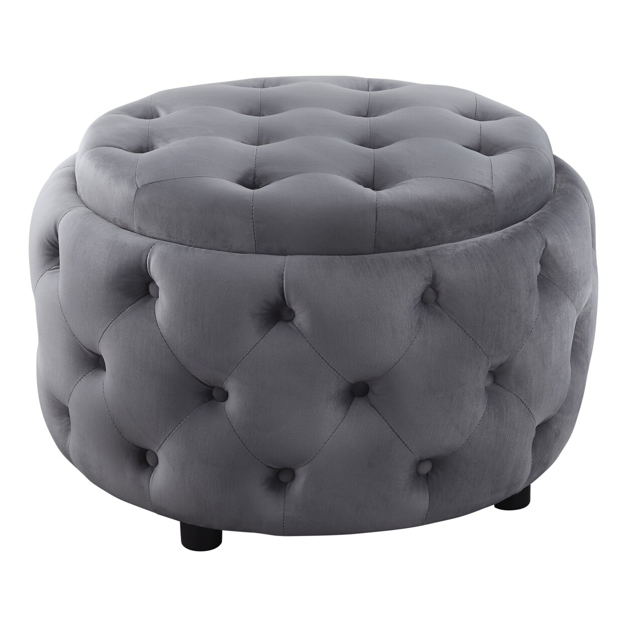 Saltoro Sherpi Lina 28 Inch Round Ottoman, Storage Area, Smooth Gray Vegan Faux Leather