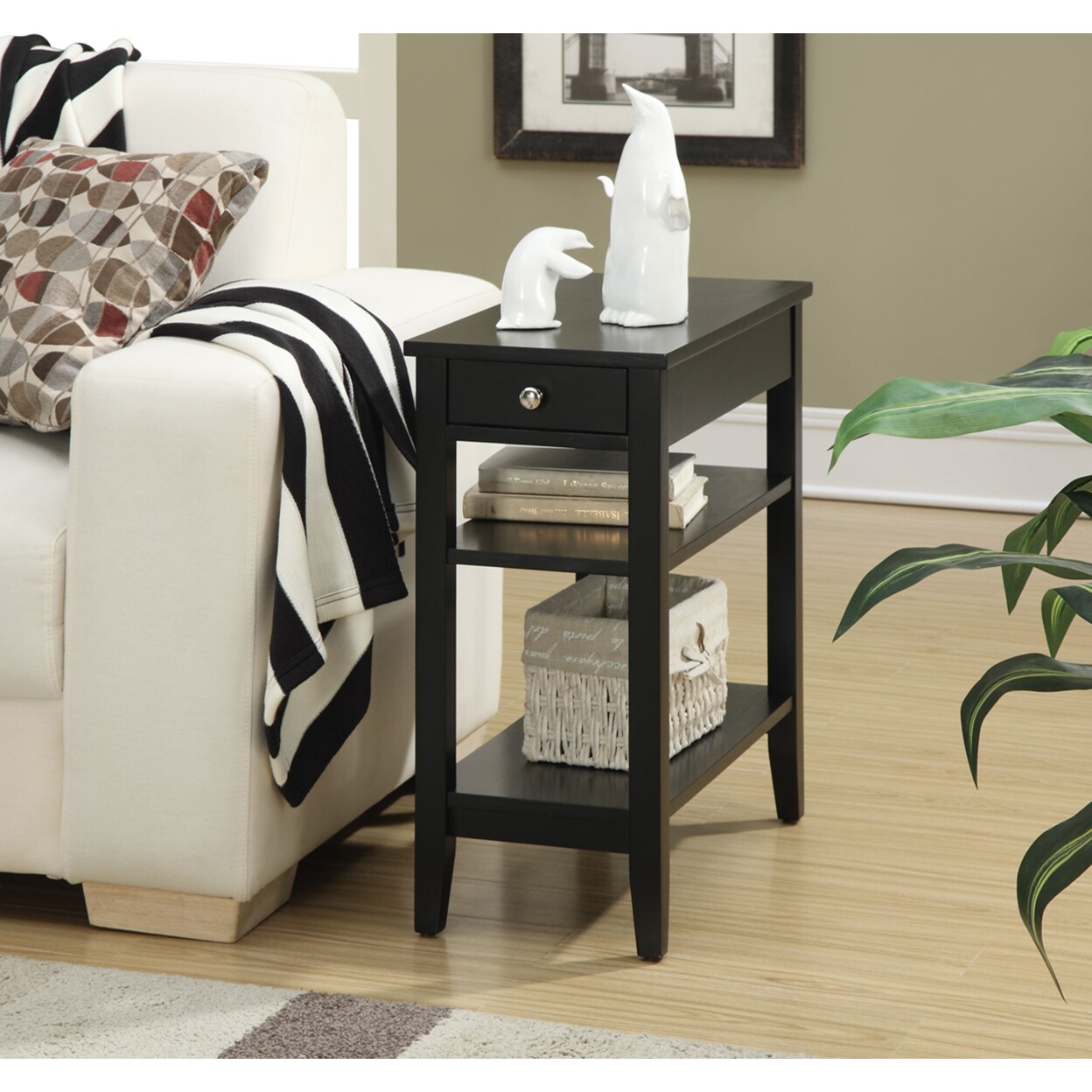Convenience Concepts American Heritage Three Tier End Table with Drawer, Black