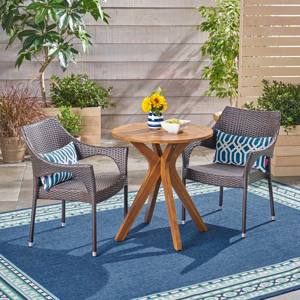 GDFStudio Payton Outdoor 3 Piece Acacia Wood and Wicker Bistro Set