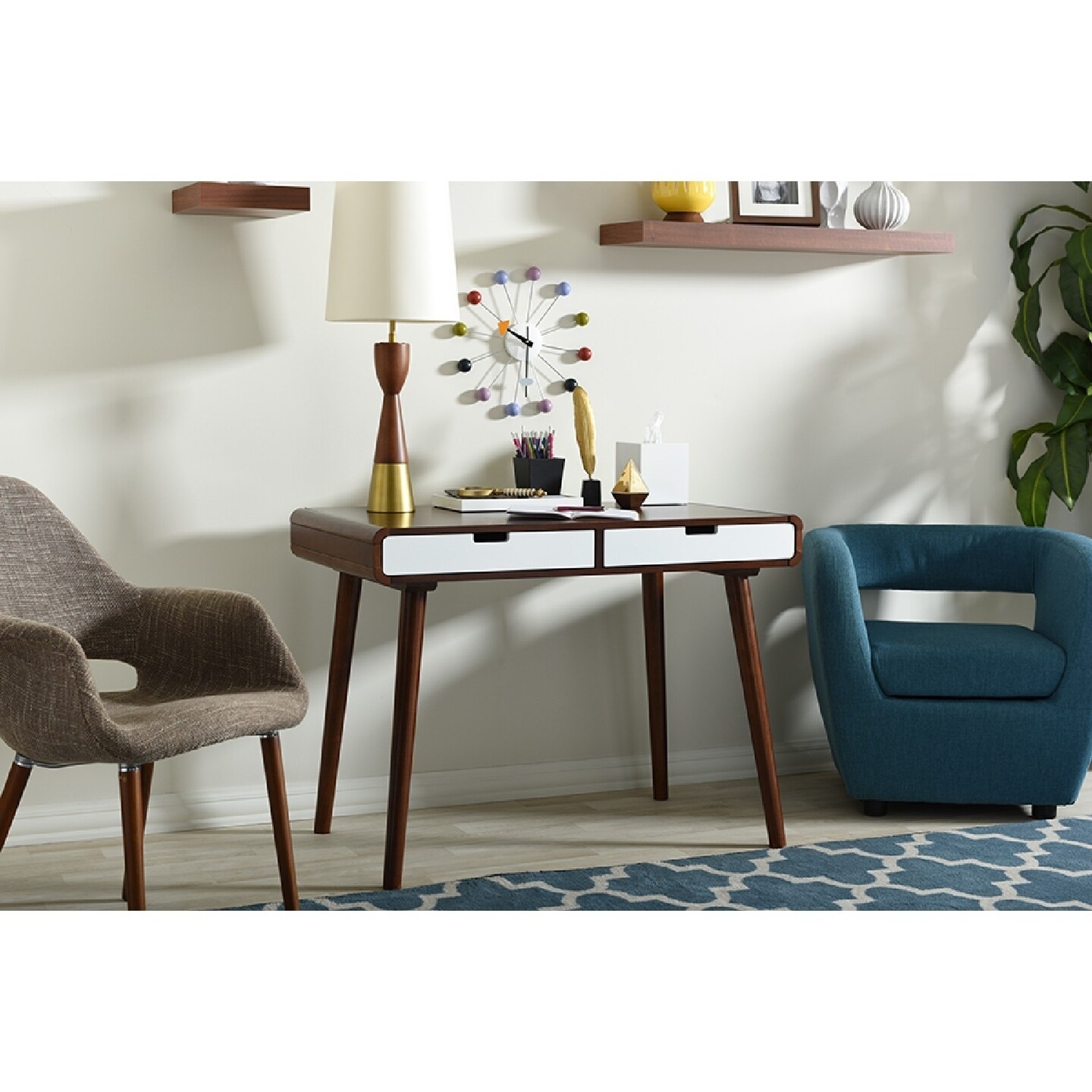 Wholesale Interiors Baxton Studio Casarano Mid-century Modern Dark Walnut and White Two-tone Finish 2-drawer Wood Home Office Writing Desk