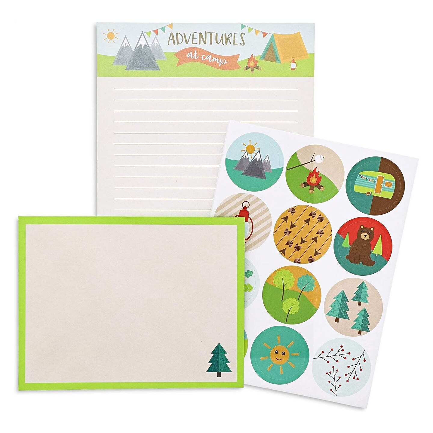 48 Piece Camp Themed Stationery Paper and Envelopes Set for Kids with Stickers for Writing Letters