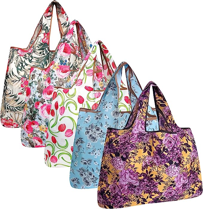 Wrapables Large Foldable Tote Nylon Reusable Grocery Bags, 5 Pack