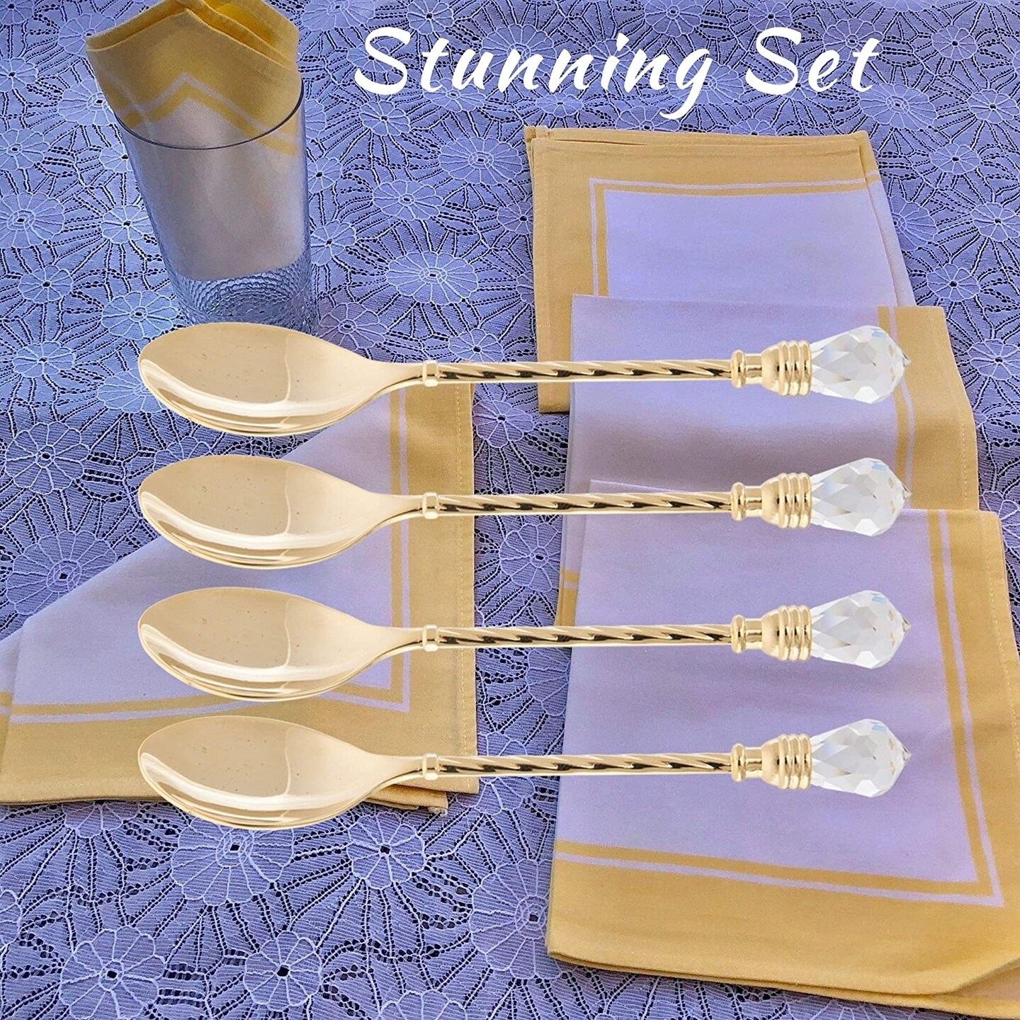 24K Gold Plated Crystal Topped Dessert Spoons By Matashi (Set Of 4)