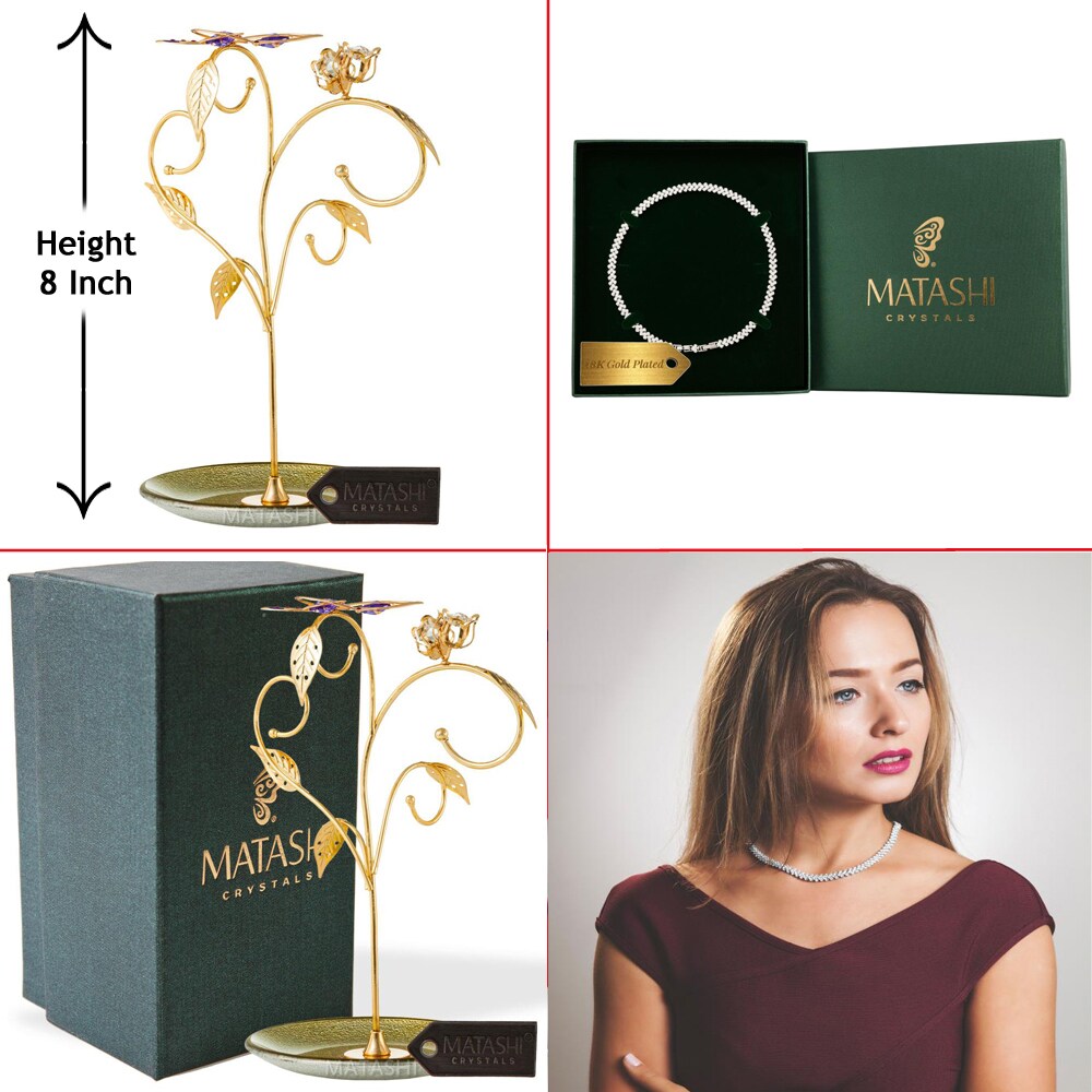 24K Gold Plated Jewelry Stand Elegant Floral And Butterfly Design And 16&#x22; Rhodium Plated Necklace By Matashi