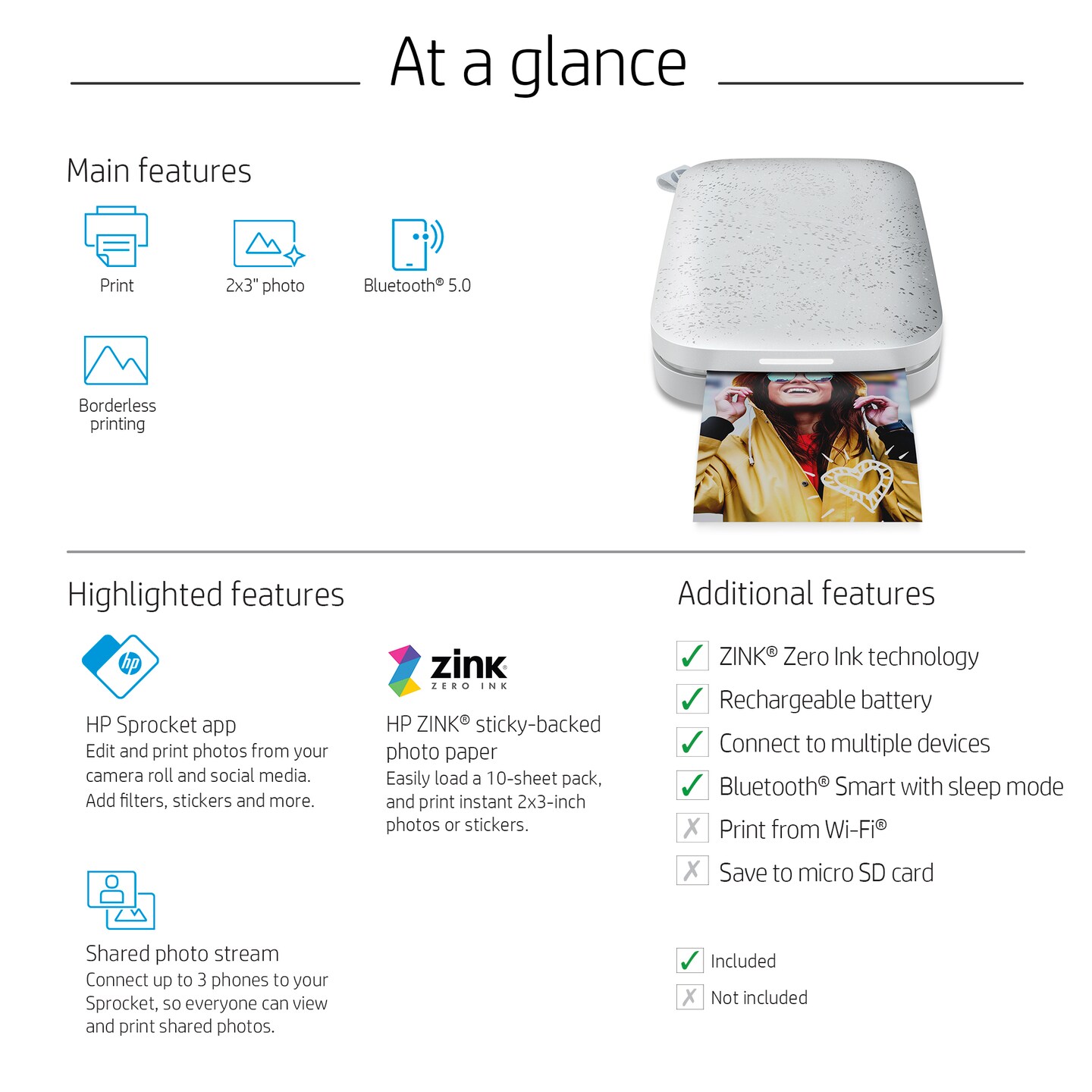 HP Sprocket Portable Printer, Zink Sticky Paper 2x3" Instant Photo Printer for iOS & Android Device