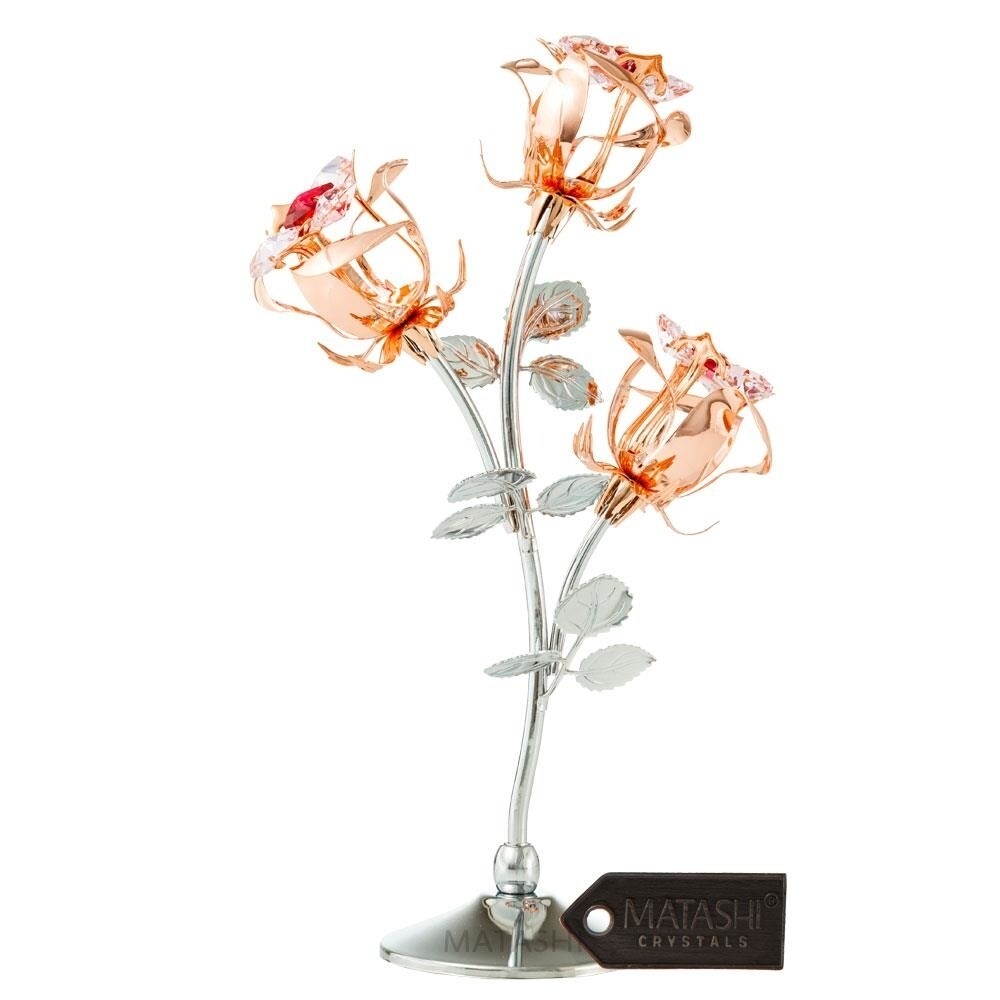 Matashi Rose Gold and Chrome Plated Rose Flower Tabletop Ornament w/ Red and Pink   Crystals Metal Floral Arrangement