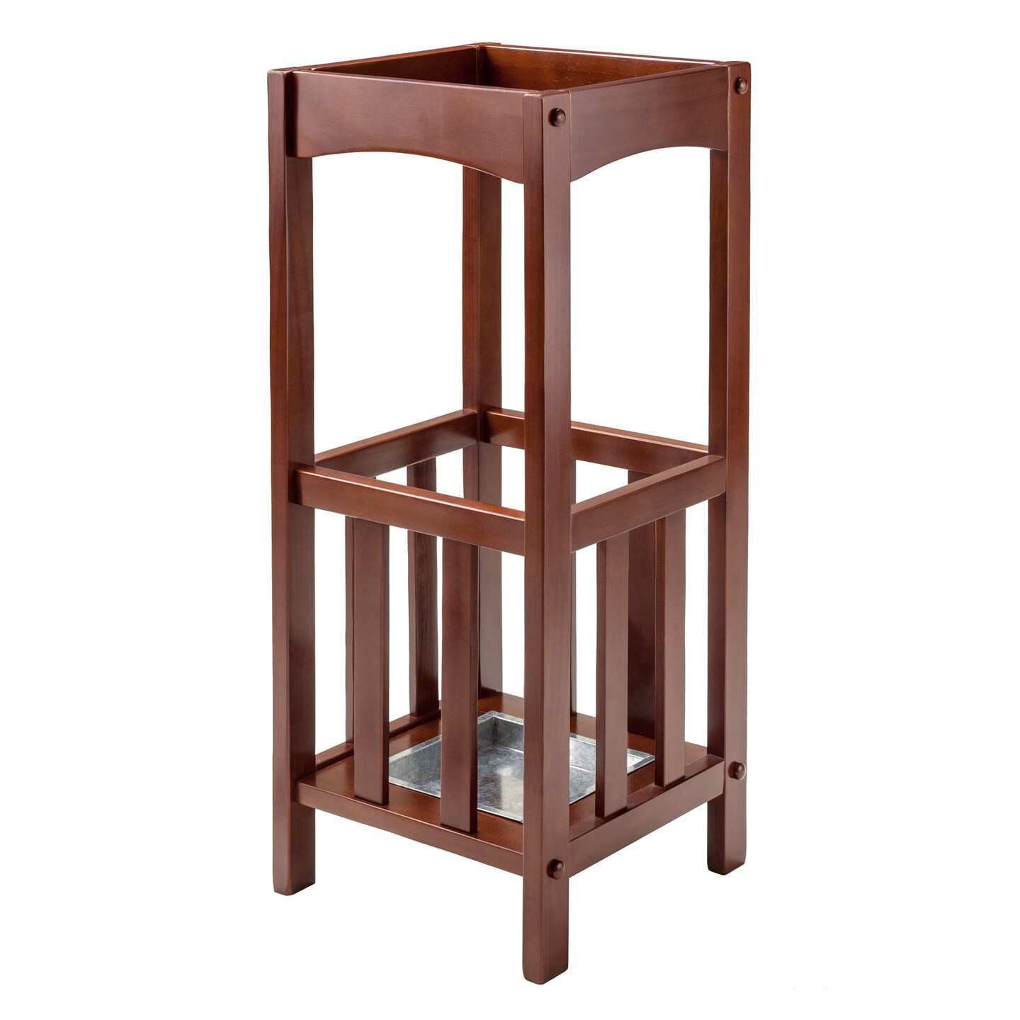 Contemporary Home Living 26.75" Walnut Unique Rex Square Wooden Umbrella Stand with Metal Tray