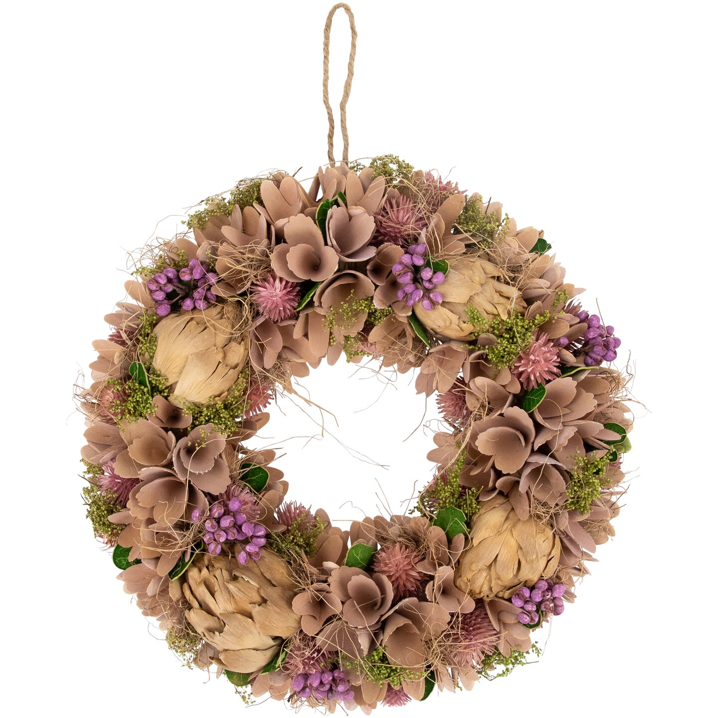 Northlight 12&#x22; Purple and Beige Wooden Floral Spring Wreath with Preserved Artichoke