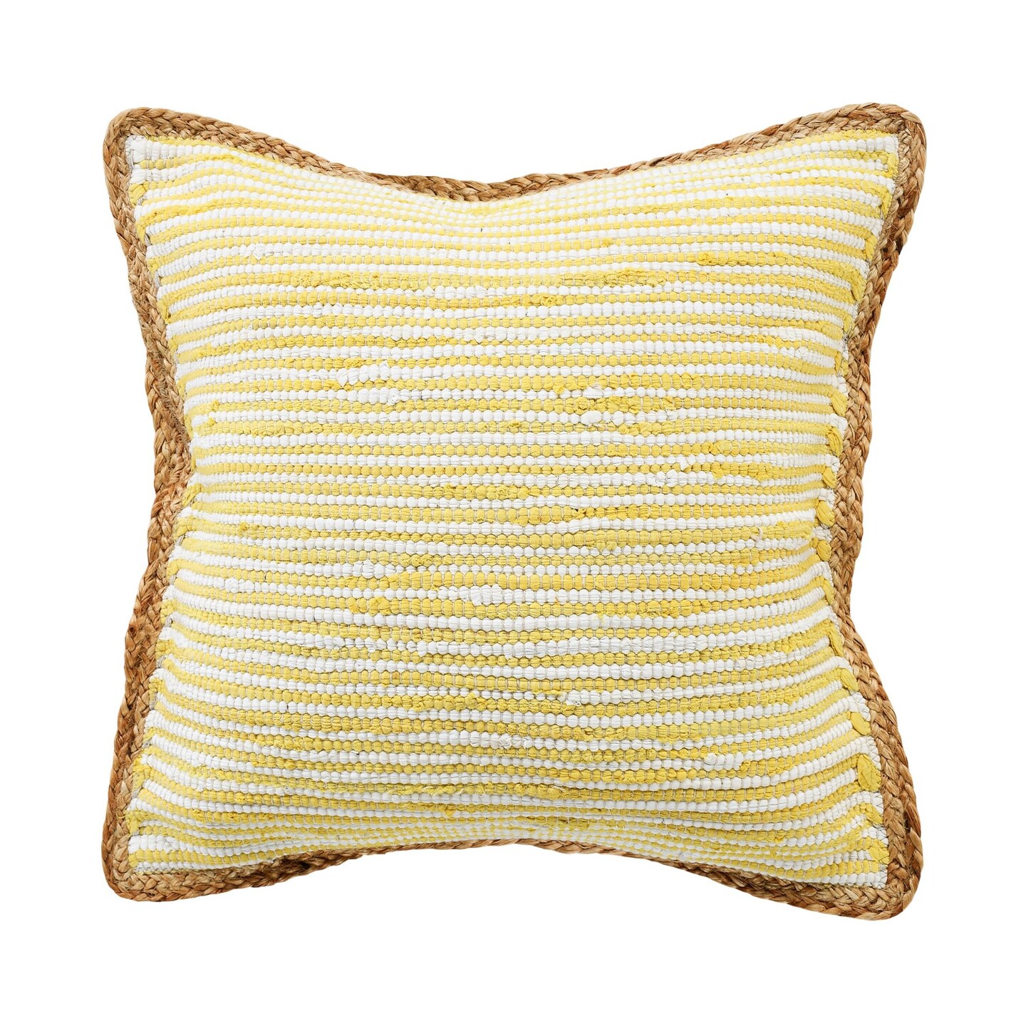 Laddha Home Designs 20&#x22; Yellow and White Bordered Striped Square Throw Pillow