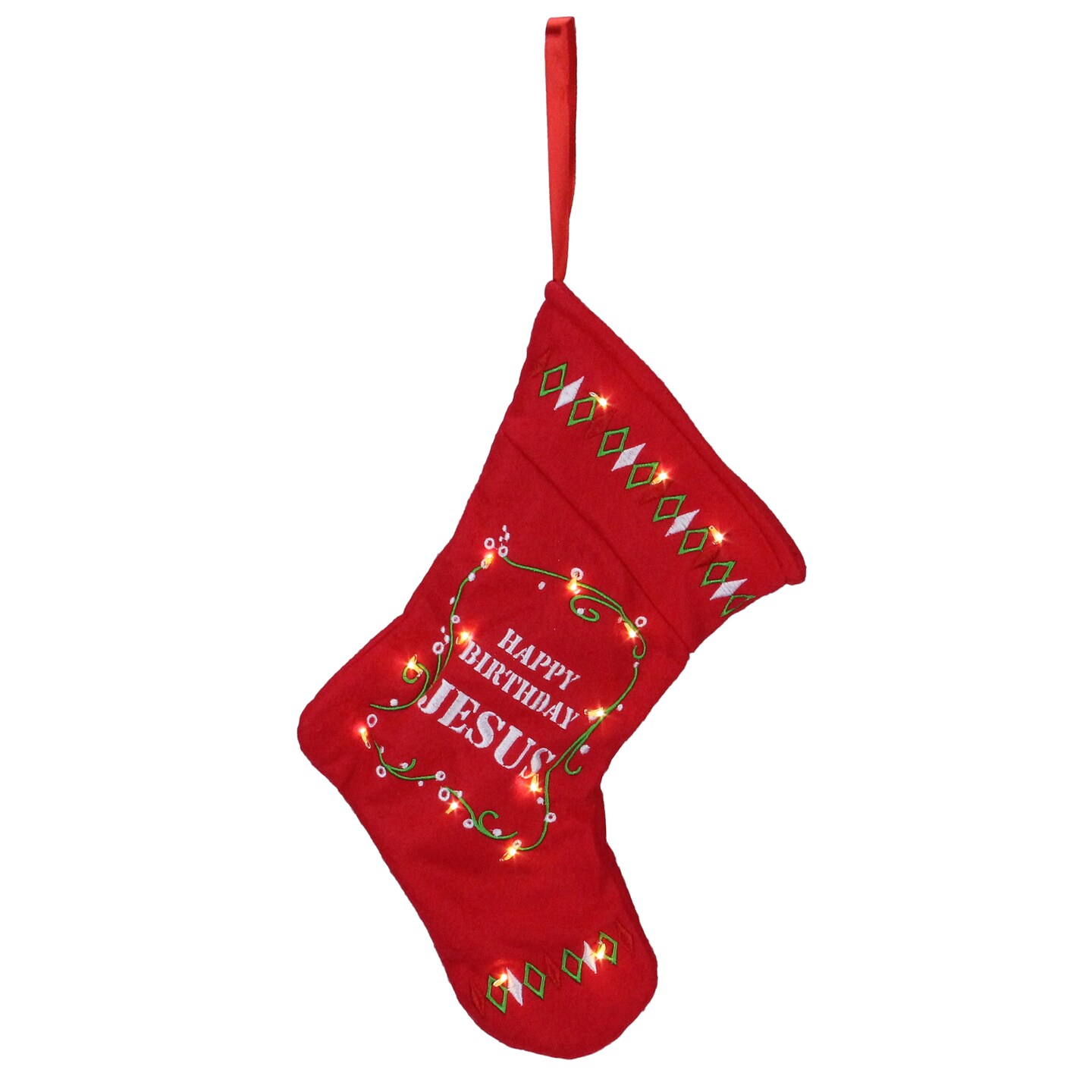 Roman 9&#x22; Red, White And Green &#x22;Happy Birthday Jesus&#x22; Battery Operated Christmas Stocking