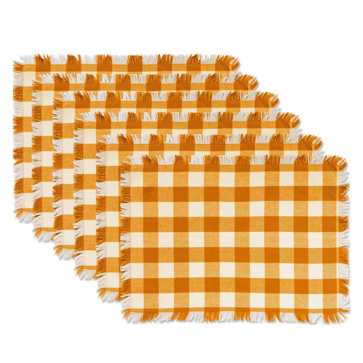 Contemporary Home Living Heavyweight Checkered Fringed Placemats - 19&#x22; - Mustard Yellow and White - Set of 6