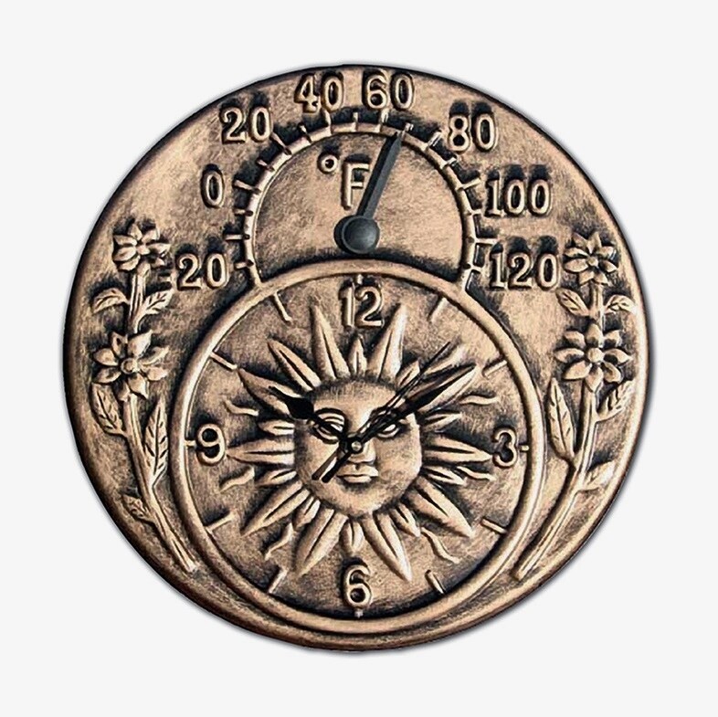 Swim Central 12&#x22; Antique Gold Terra Cotta Embossed Sun and Flowers Indoor or Outdoor Wall Clock Thermometer