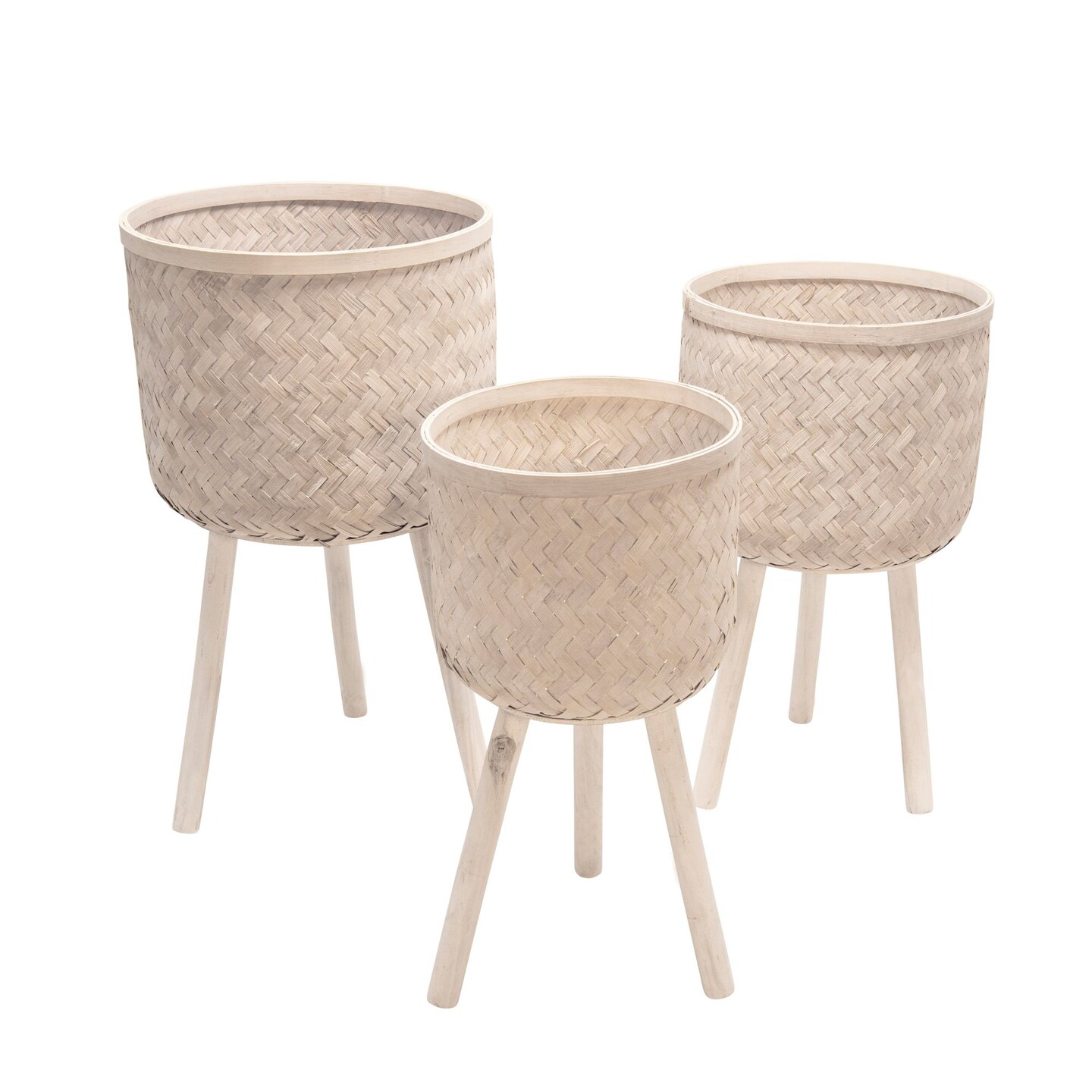 Kingston Living Bamboo Weave Outdoor Planters on Stand - 30&#x22; - White - Set of 3