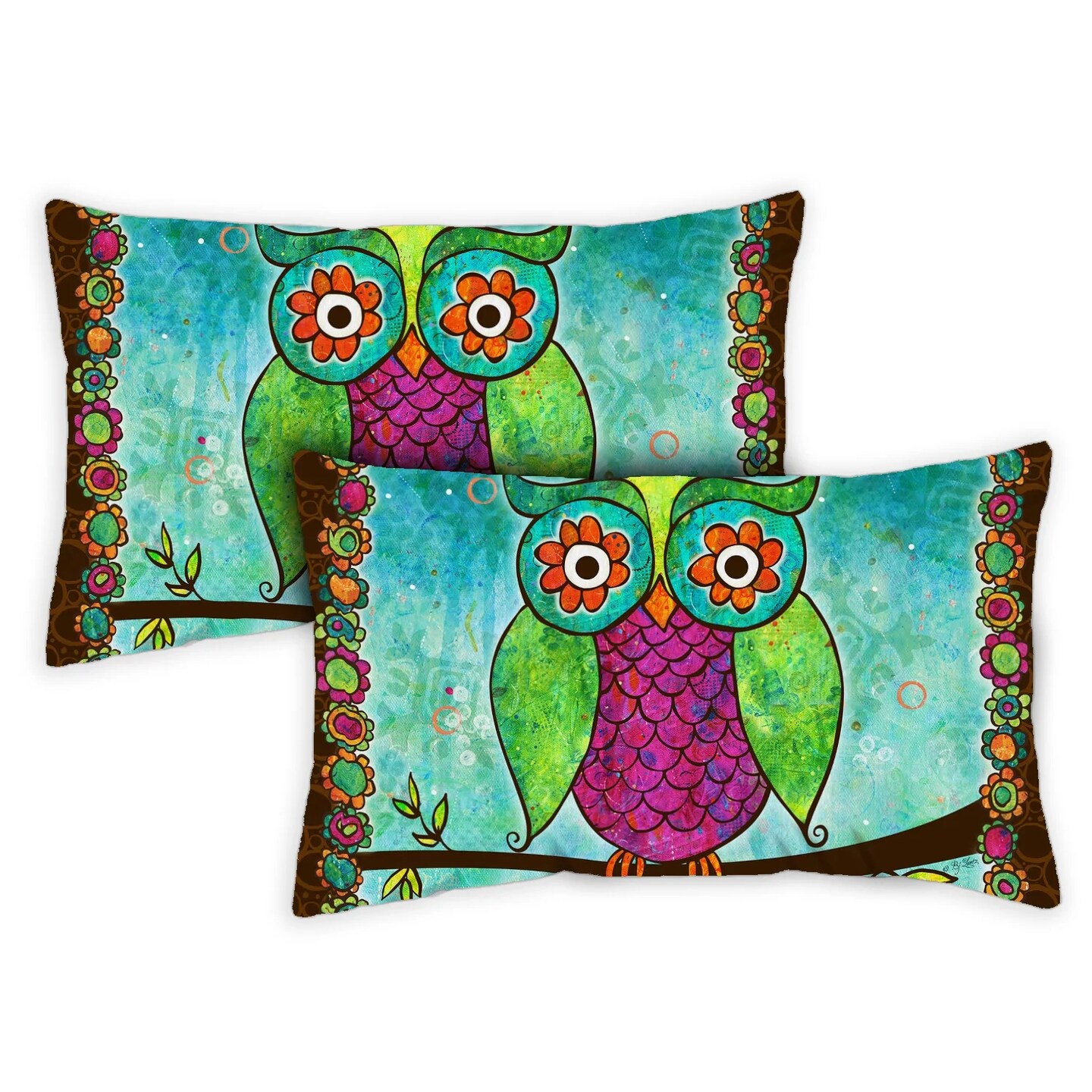Toland Home Garden Set of 2 Floral Owl Outdoor Patio Throw Pillow