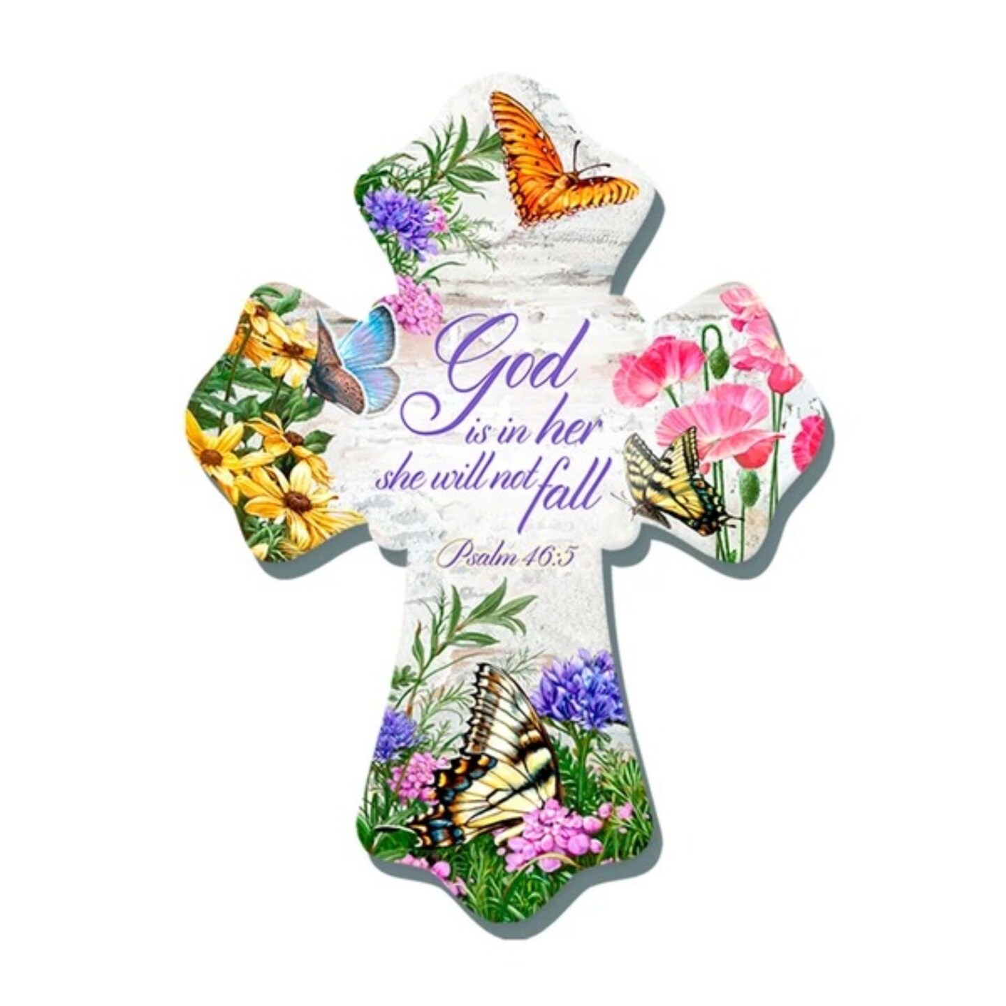 Glow Decor 8&#x22; White and Pink Biblical Quoted Butterflies Wall Cross