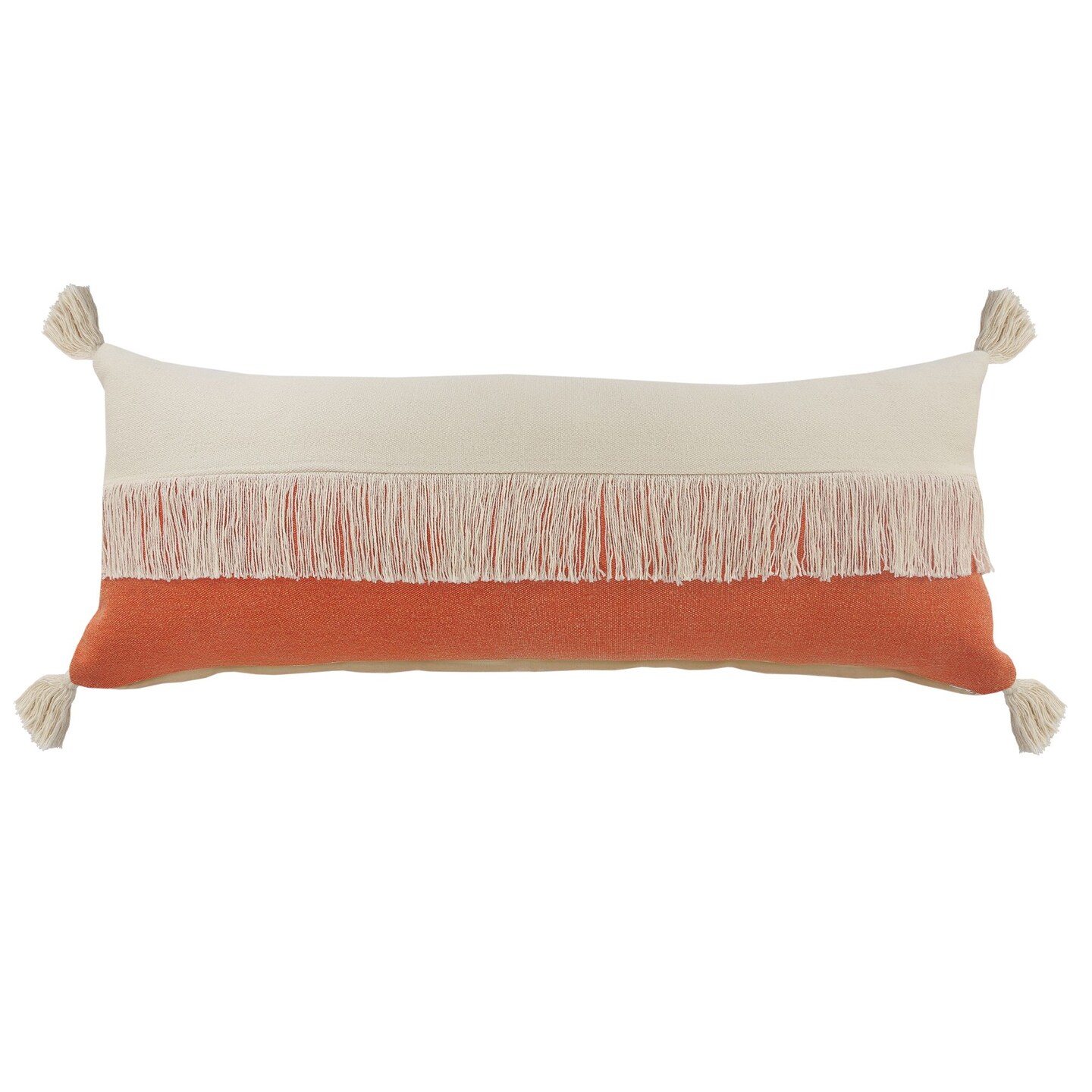 Laddha Home Designs 36&#x22; Orange and White Fringe Color Block Lumbar Throw Pillow