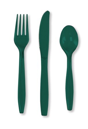 Party Central Club Pack of 288 Hunter Green Premium Heavy-Duty Plastic Party Knives, Forks and Spoons 7.5&#x22;
