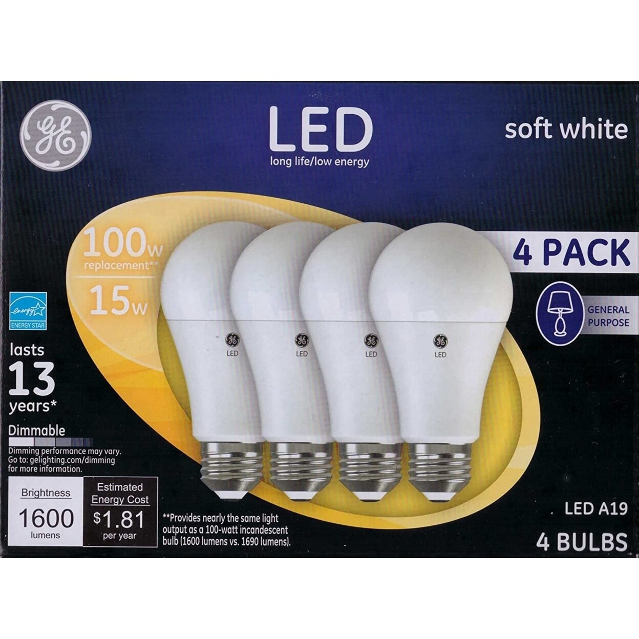 Ge Soft White 100W Replacement Led General Purpose Light Bulbs A19 (4 Pack)