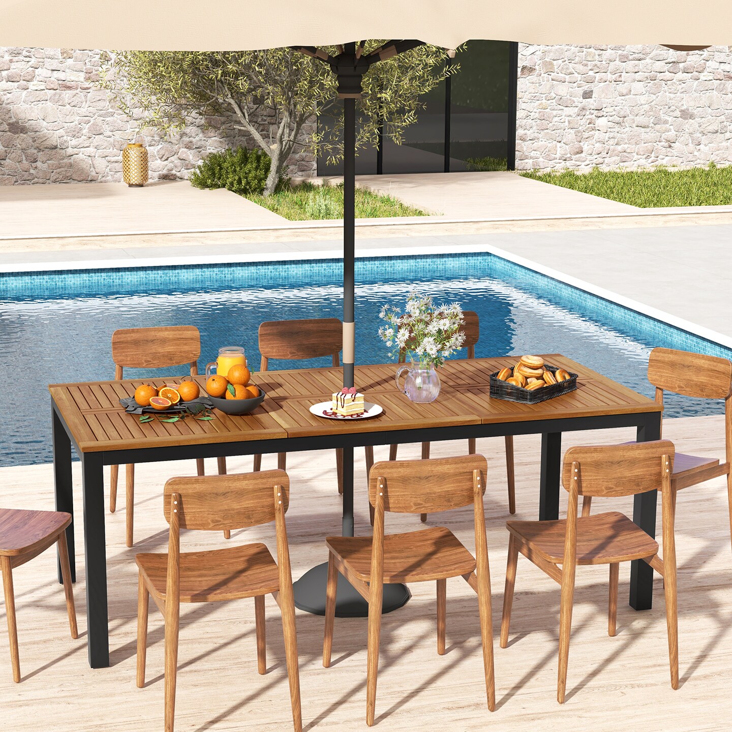 Costway 79&#x22; Acacia Wood Patio Table 8-Person Outdoor Dining Table with Umbrella Hole