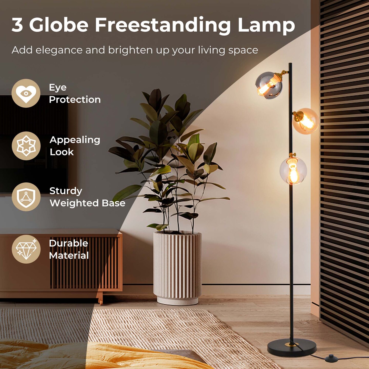 Costway Mid Century Floor Lamp Freestanding with 3 Glass Globe Lampshades &#x26; Foot Switch