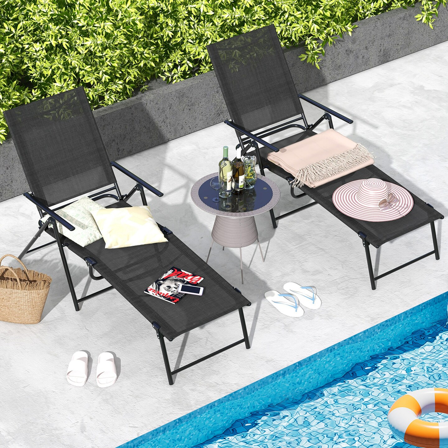 Costway 2 Piece Patio Folding Chaise Lounge Chairs with 6-Level Backrest Reclining Chairs Tan/Black/Grey