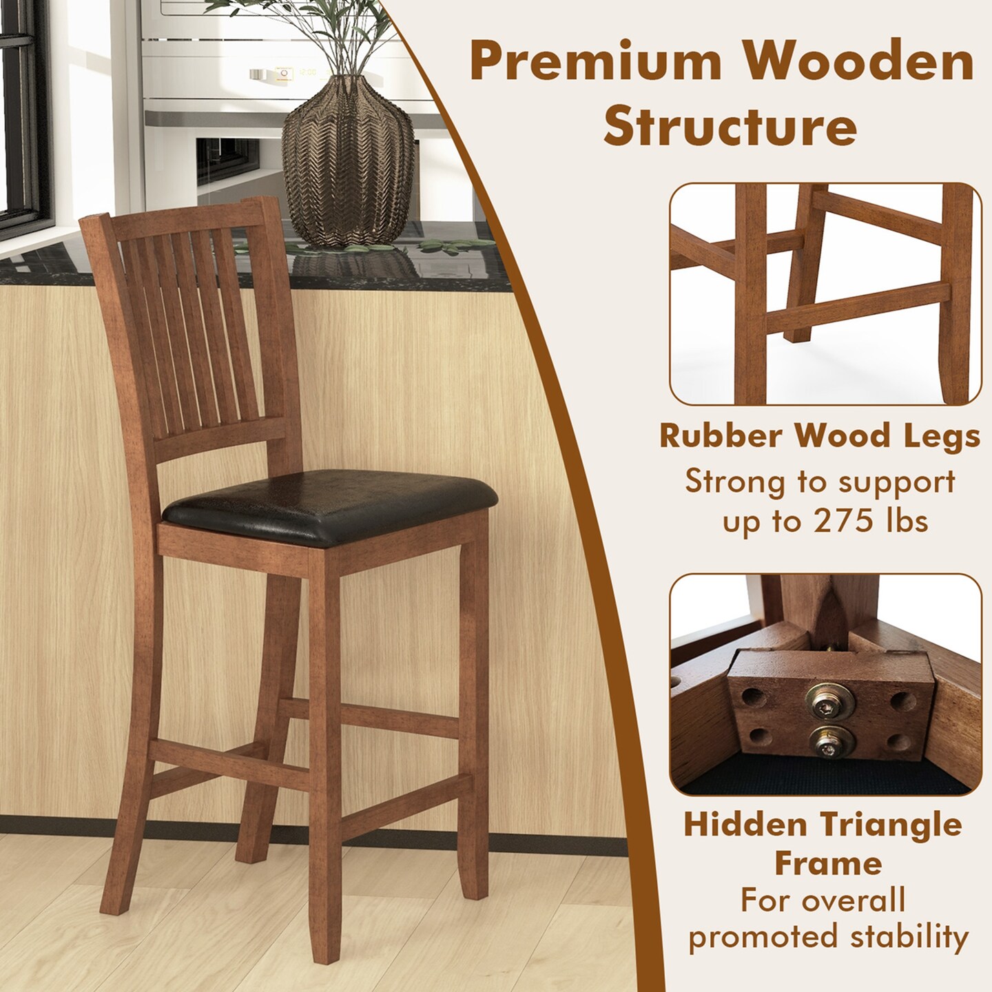 Costway 2-Piece 25.5" Bar Chair Set with Backrest Padded Seat Footrest Rubber Wood Frame