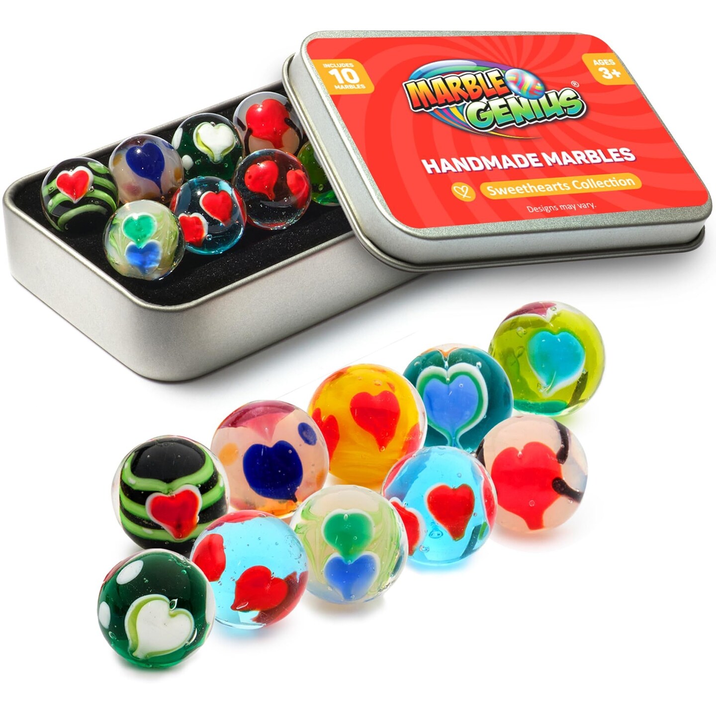 Marble Genius Collectors Marbles, Sweetheart Design, 16mm (&#x215D; Inch), 10 Handmade Glass Marbles, Gifts for Marble Lovers, Gifts for Kids Ages 3+