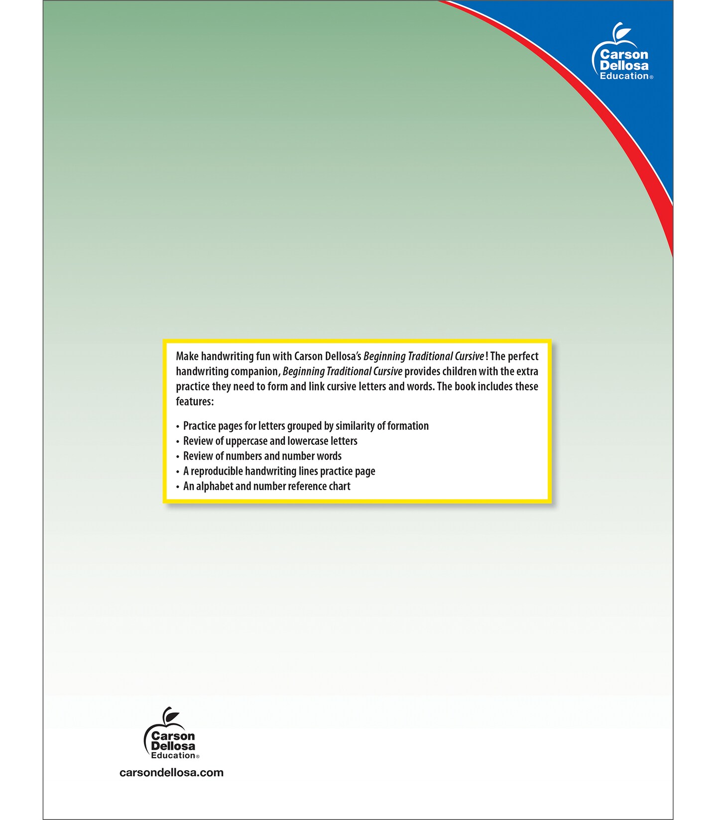 Carson Dellosa Grades 1-3 Beginning Traditional Cursive Handwriting Workbook, Writing Book with Dry Erase Number and Letter Tracing Activities, Classroom or Homeschool Curriculum