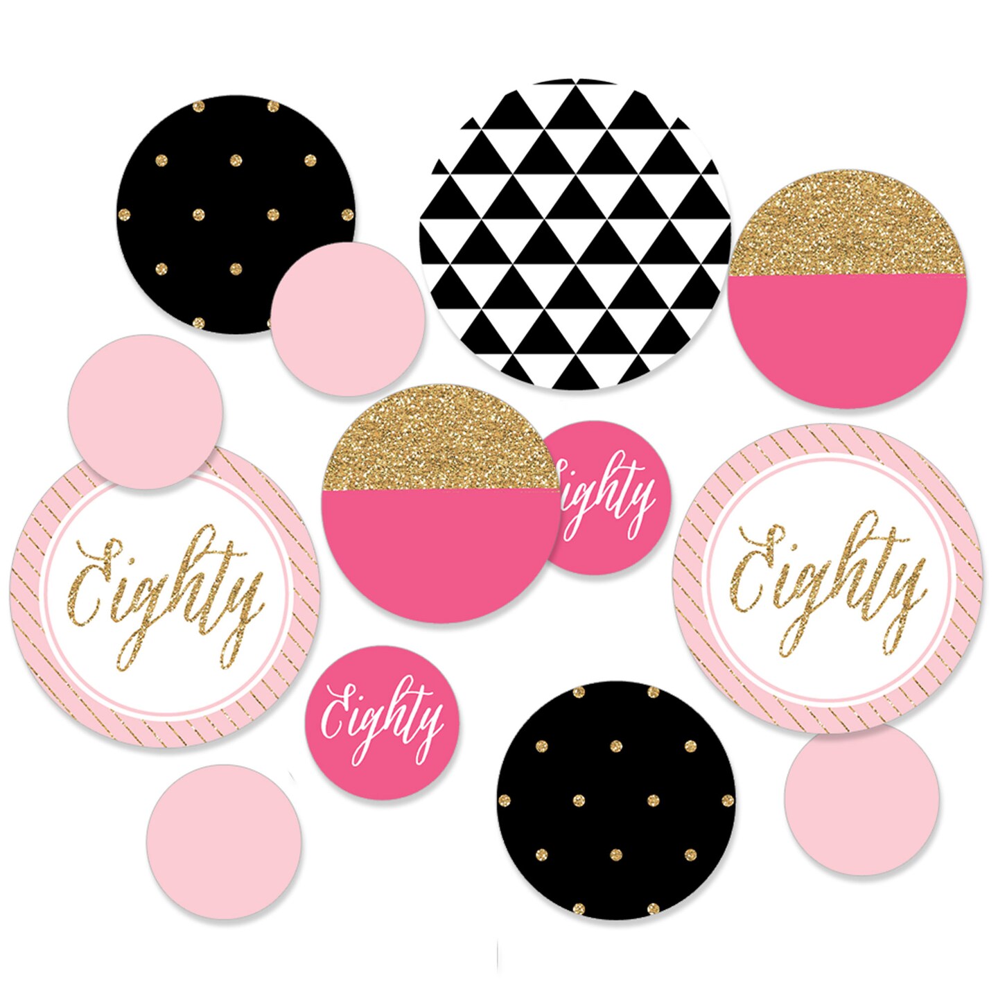 Big Dot of Happiness Chic 80th Birthday - Pink, Black and Gold - Birthday Party Giant Circle Confetti - Party Decorations - Large Confetti 27 Count