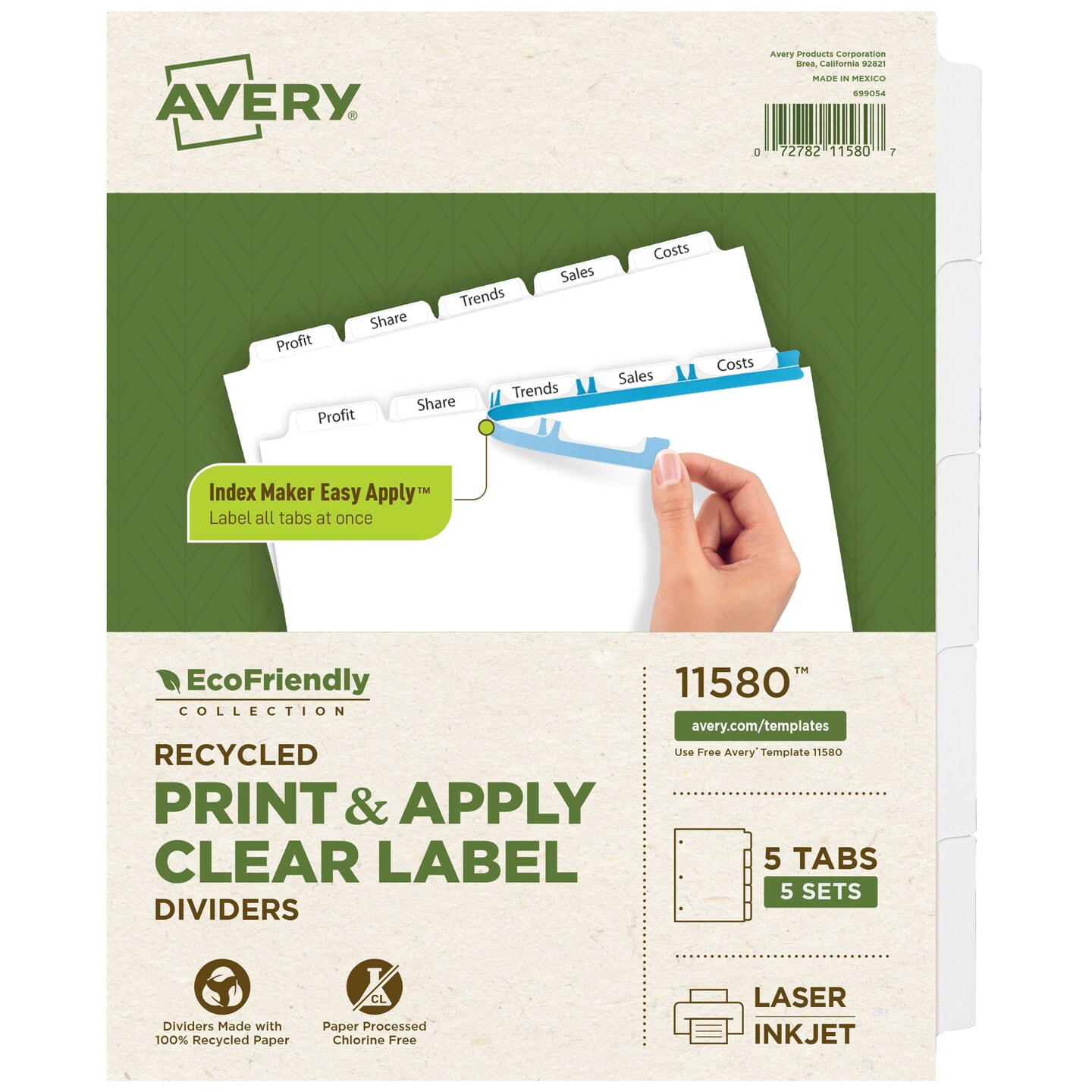 Avery EcoFriendly Recycled Dividers for 3 Ring Binders, 5-Tab, White Tabs, Index Maker Print and Apply Clear Label Strip, 5 Sets for 25 Binder Dividers Total (11580)