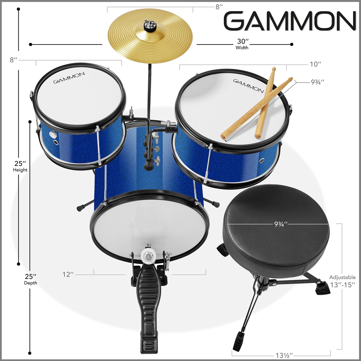 Gammon 3-Piece Junior Drum Set with Throne, Complete Beginner Kit with Bass Drum, Toms, Cymbal, Pedal, and Drumsticks