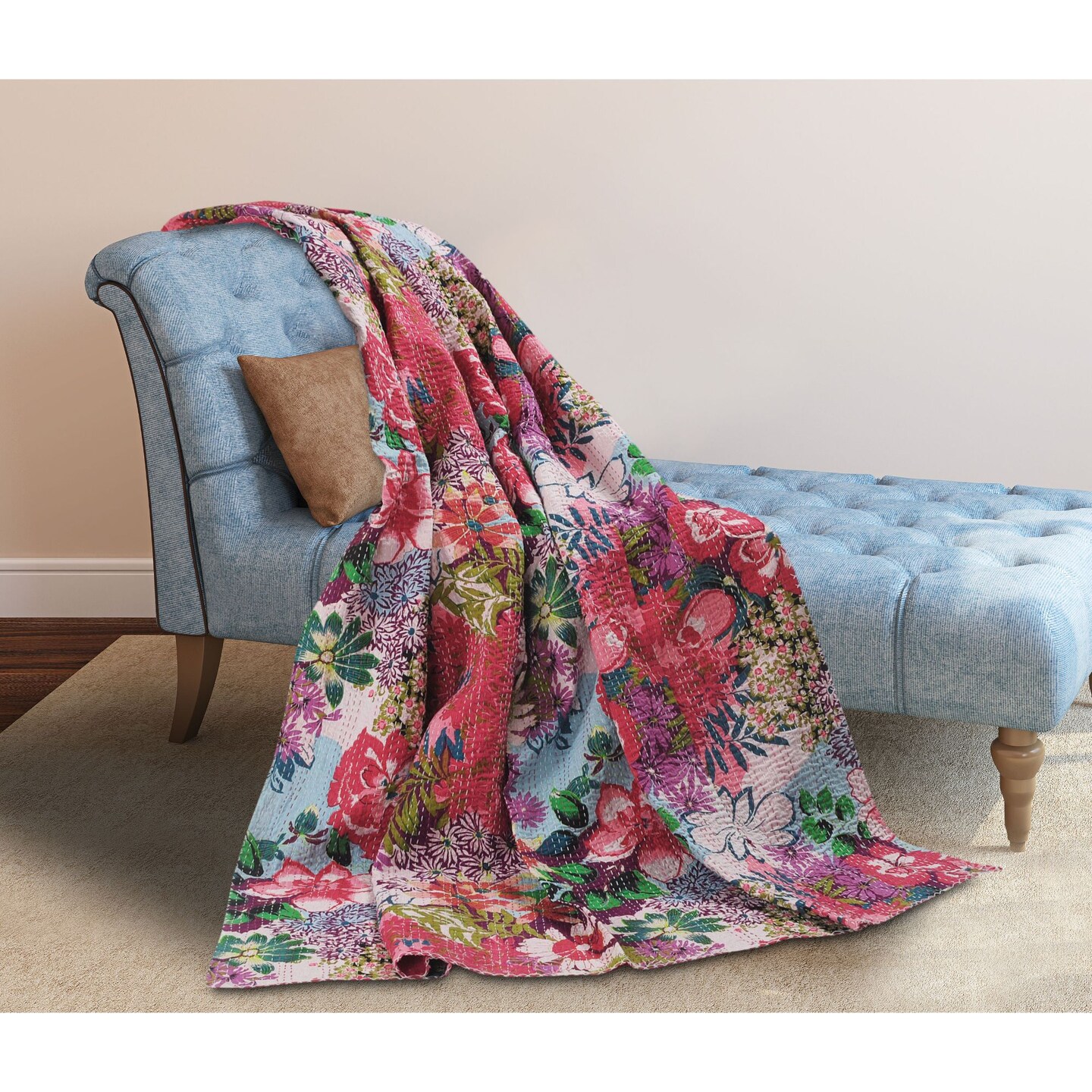 Laddha Home Designs Pink and Blue Floral Handmade Throw Blanket 50&#x22; x 70&#x22;
