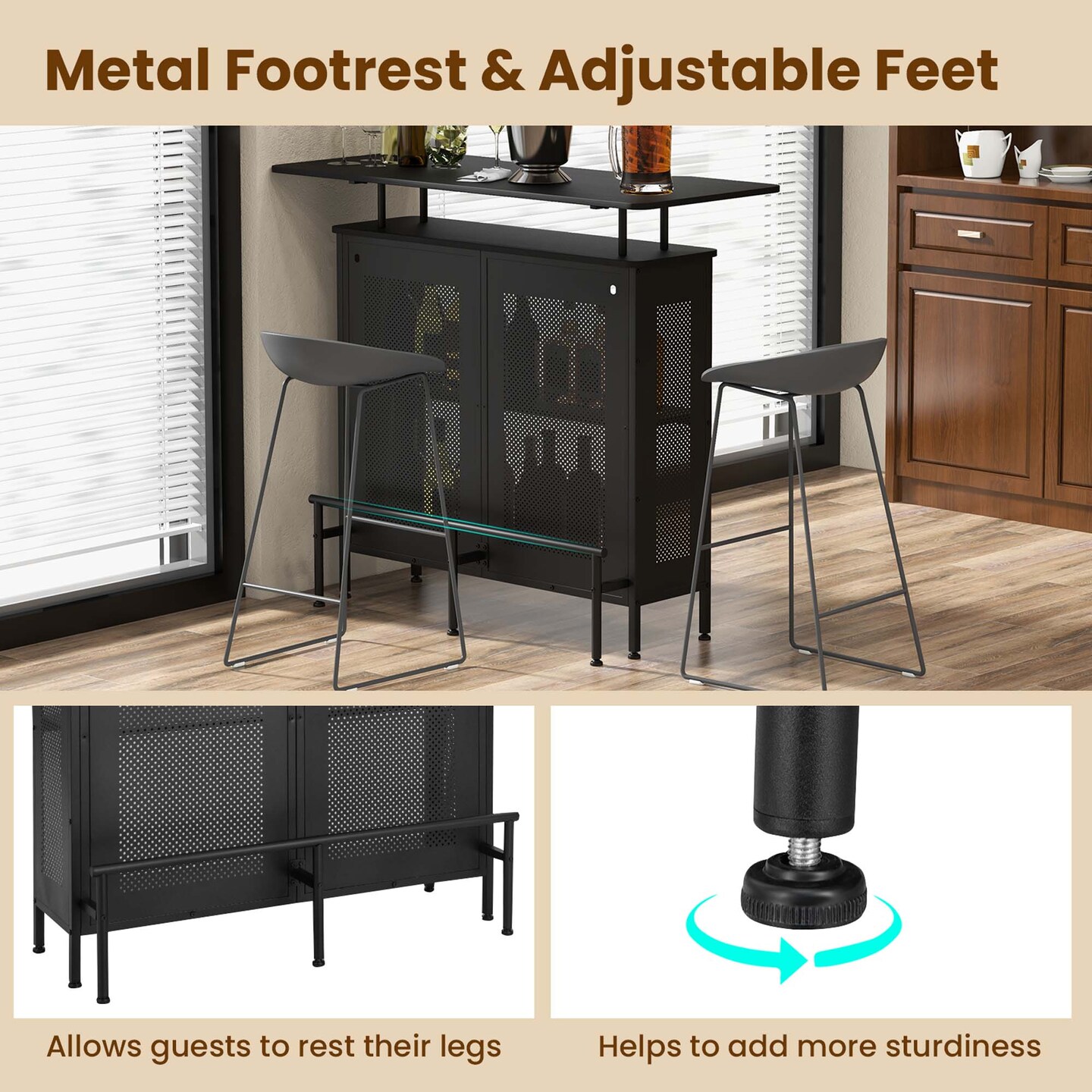 Costway 4-Tier Metal Home Bar Unit Liquor Bar Table with Storage Shelves &#x26; 6 Glass Holders
