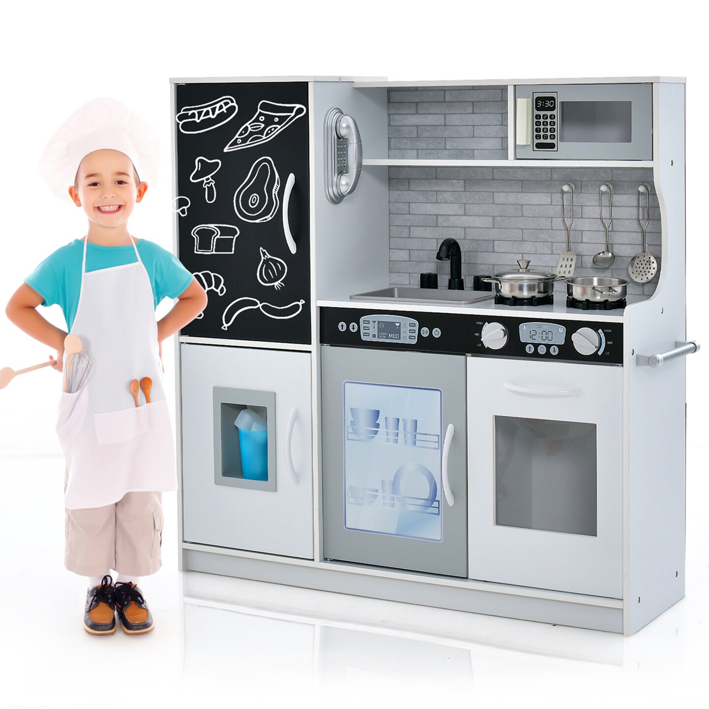 Costway Kid's Pretend Play Kitchen Toddler Kitchen Playset with Blackboard Pink/White/Light Pink/Beige
