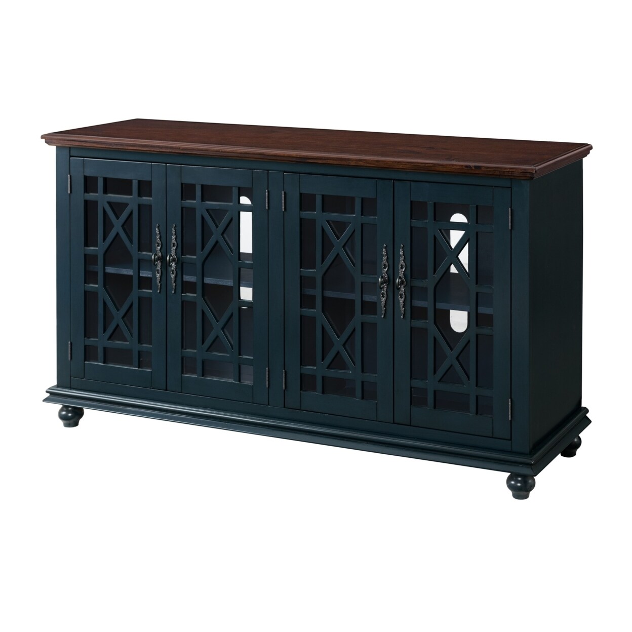 Saltoro Sherpi 63 Inch Traditional Wooden TV Stand with Turned Leg, Brown and Blue-