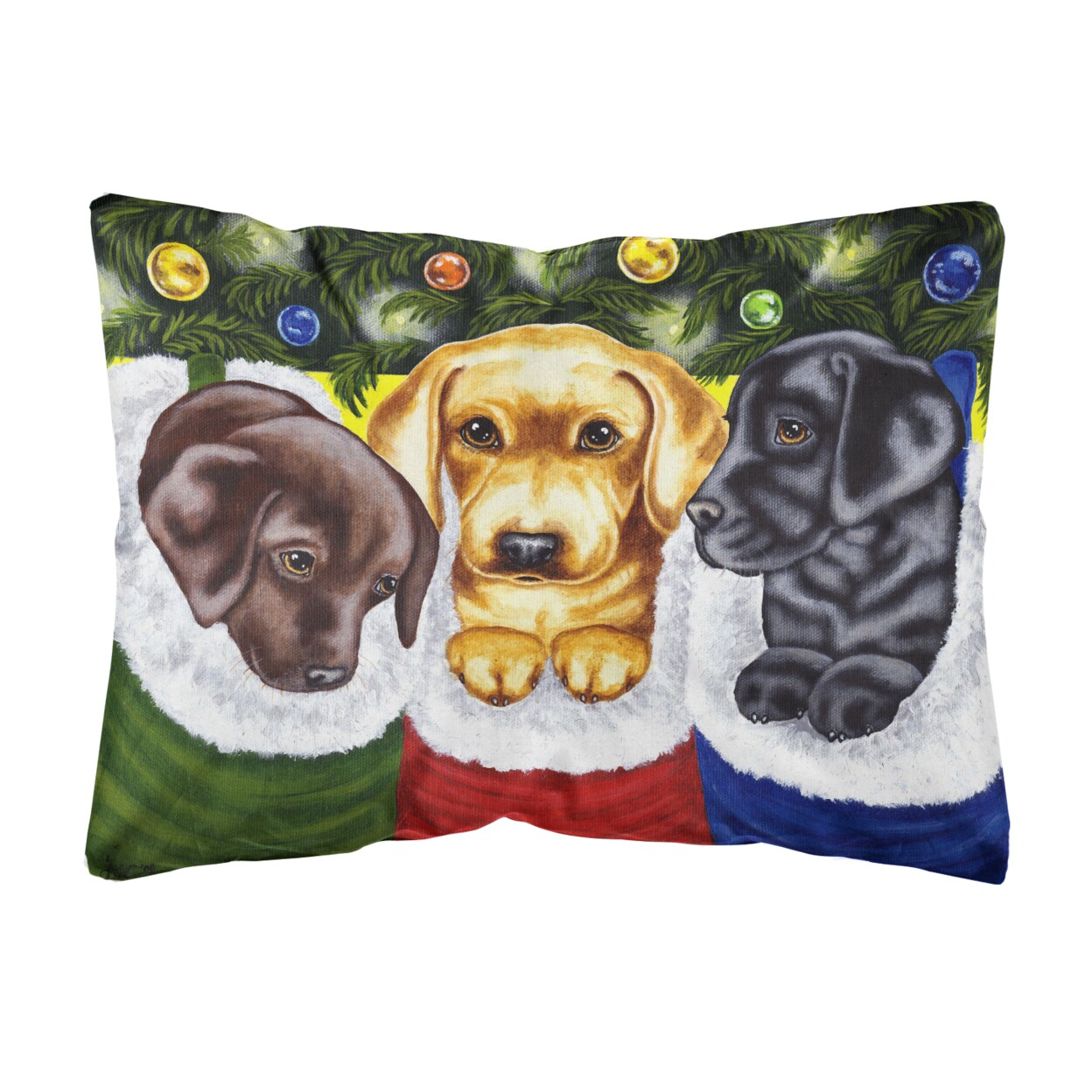 Caroline&#x27;s Treasures   AMB1315PW1216 Christmas Stocking Surprise Labrador Fabric Decorative Pillow , 12H x16W, multicolor